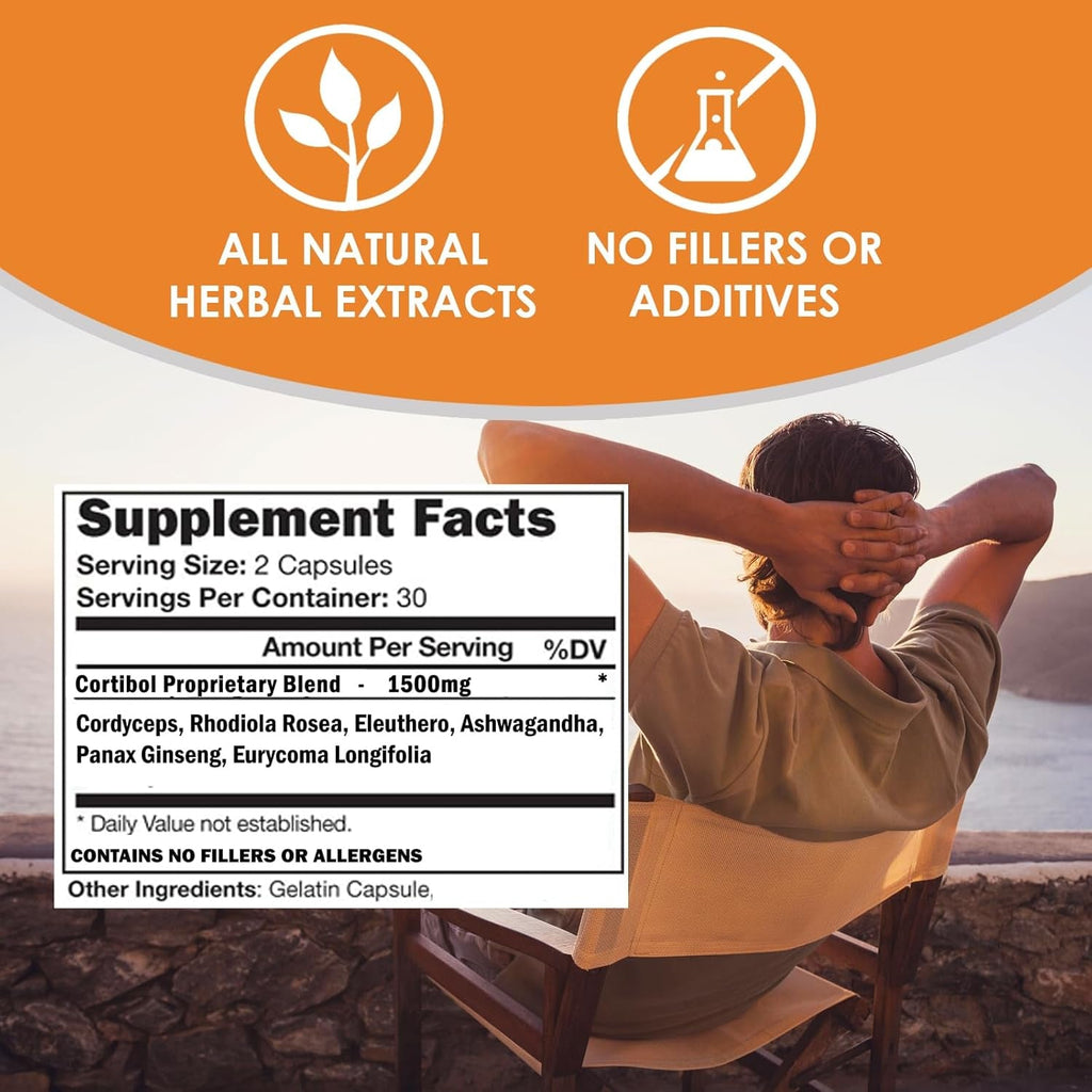 VH Nutrition CORTIBOL | Cortisol Manager* Supplement | Maximum Strength Adrenal Support* for Men and Women | Rhodiola, Cordyceps, and Eleuthero | 60 Capsules