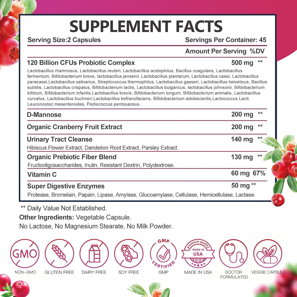 DRFOSTER Probiotics for Women Digestive Health, Vaginal Probiotics 120 Billion CFU 31 Strains with Digestive Enzymes & Prebiotics & D Mannose & Cranberry for Urinary Tract, 90 Capsules