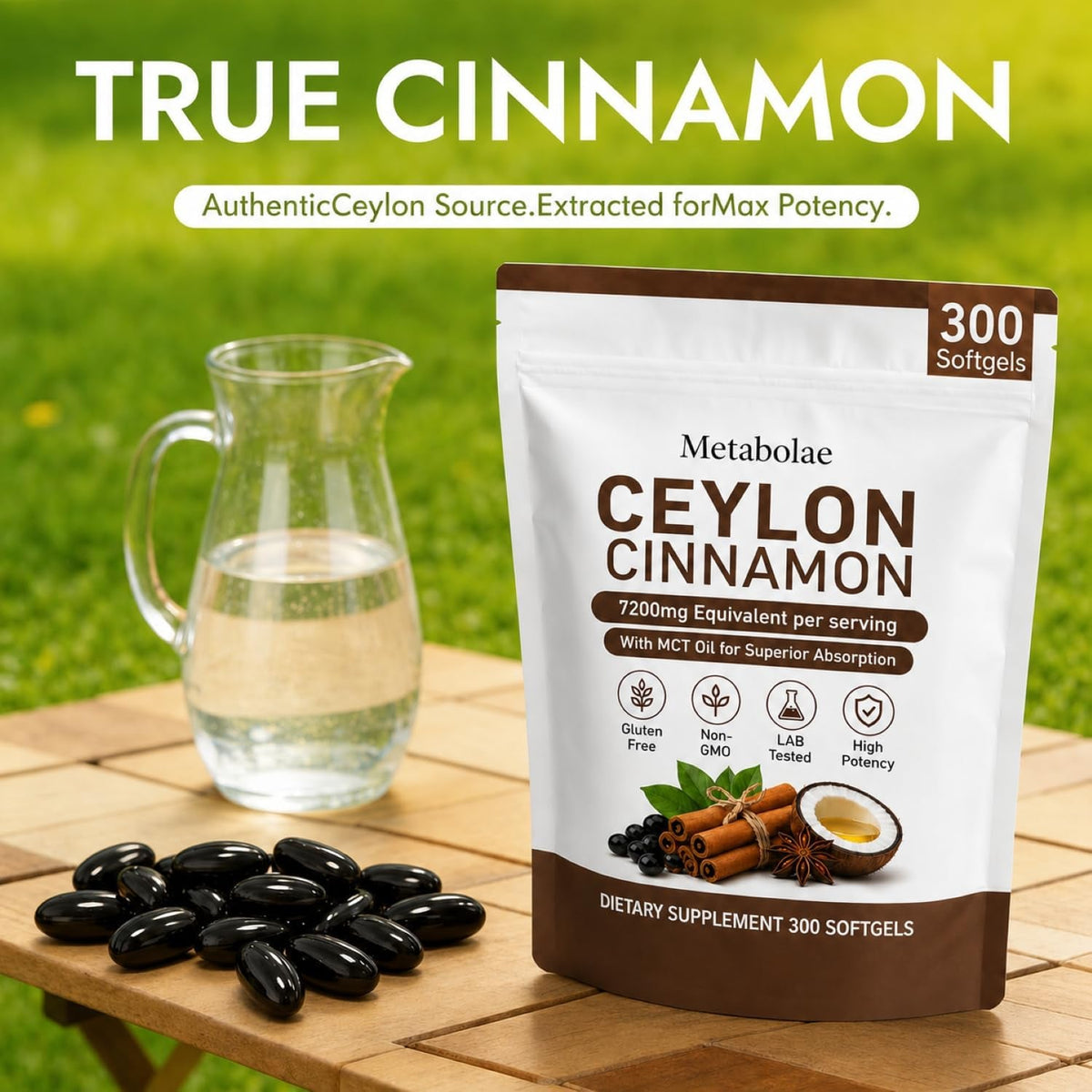 Metabolae Ceylon Cinnamon，7200 Mg Equivalent per Serving, Gluten Free, Non-Gmo, 300 Softgels