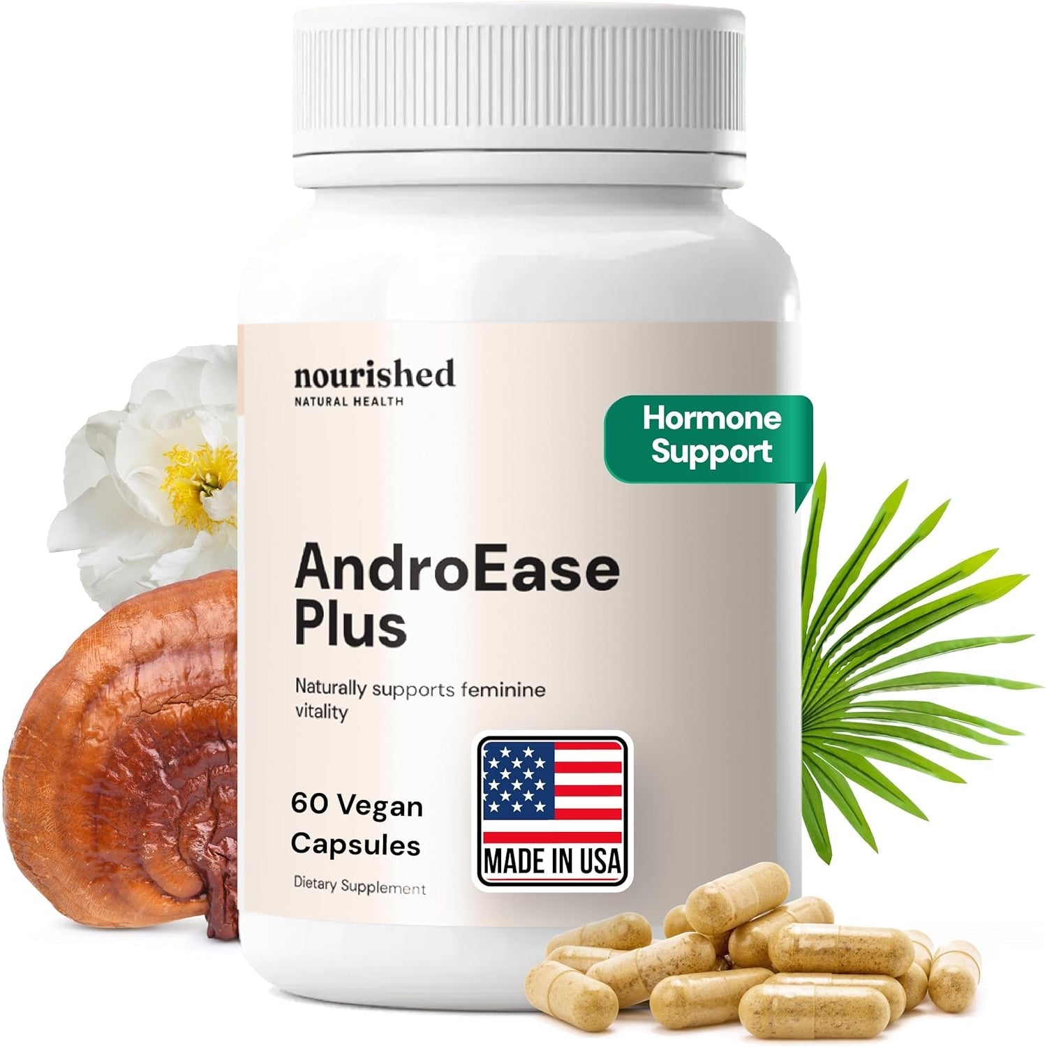 Nourished Androease plus - Vegan Hormone Balance for Women - Zinc, Reishi, Green Tea and Saw Palmetto for Women - for Energy, Vitality, Facial Hair and Daily Wellness - 60 Capsules, Made in USA