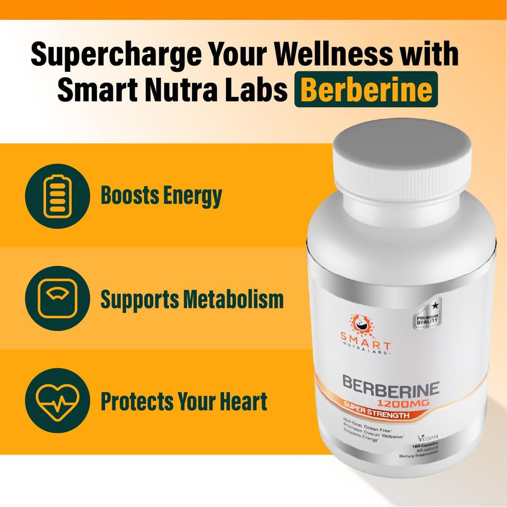 Smart Nutra Labs Premium Berberine HCL 1200Mg- 180 Vegan Capsules, 100% Pure Berberine Supplement- Non-Gmo, Gluten Free