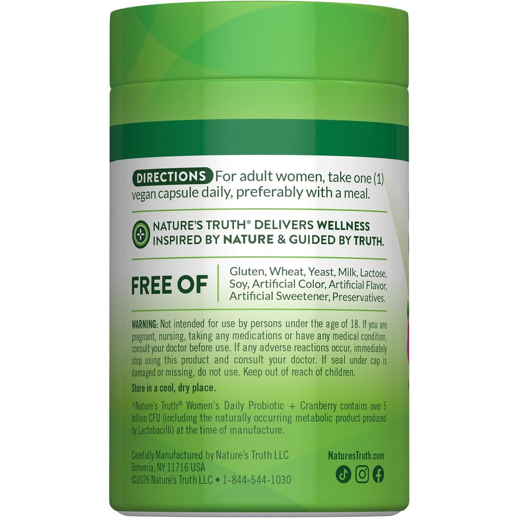 Nature'S Truth Probiotics for Women | 5 Billion Cfus Daily | 40 Vegan Capsules | with Cranberry | Non-Gmo & Gluten Free | No Refrigeration Needed
