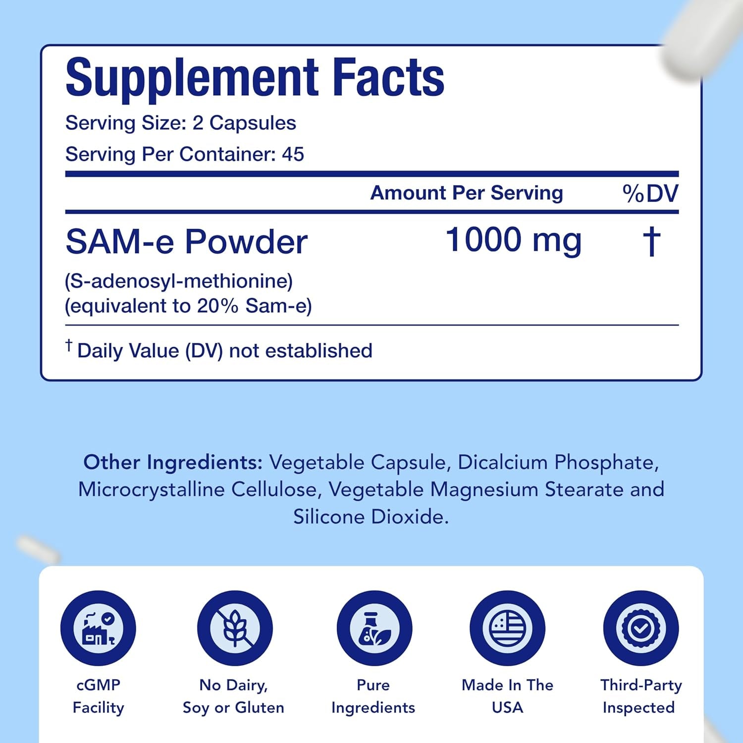 Extra Strength Sam-E Supplement | Same S-Adenosyl-L-Methionine 1000Mg per Serving for Bone and Mood Support Supplement | Made in the USA Non-Gmo and Gluten Free (45 Day Supply) (Single)