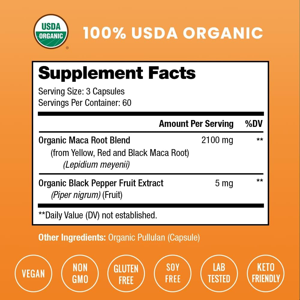 Nutrachamps USDA Organic Maca Root Capsules for Women & Men, 2100Mg, 180 Capsules, Black, Red & Yellow, Peruvian Maca Peruana, Extra Strength Pure Premium Gelatinized Root Powder Supplement