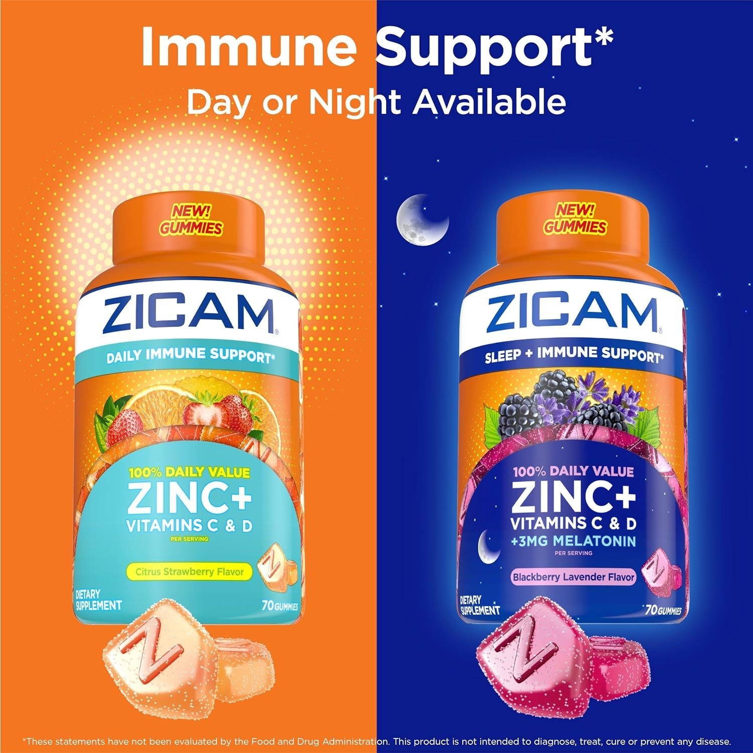 Zicam Daily Immune Support, Gummy Supplement, Zinc, Vitamin C and Vitamin D, Citrus Strawberry Flavor, 70 Count