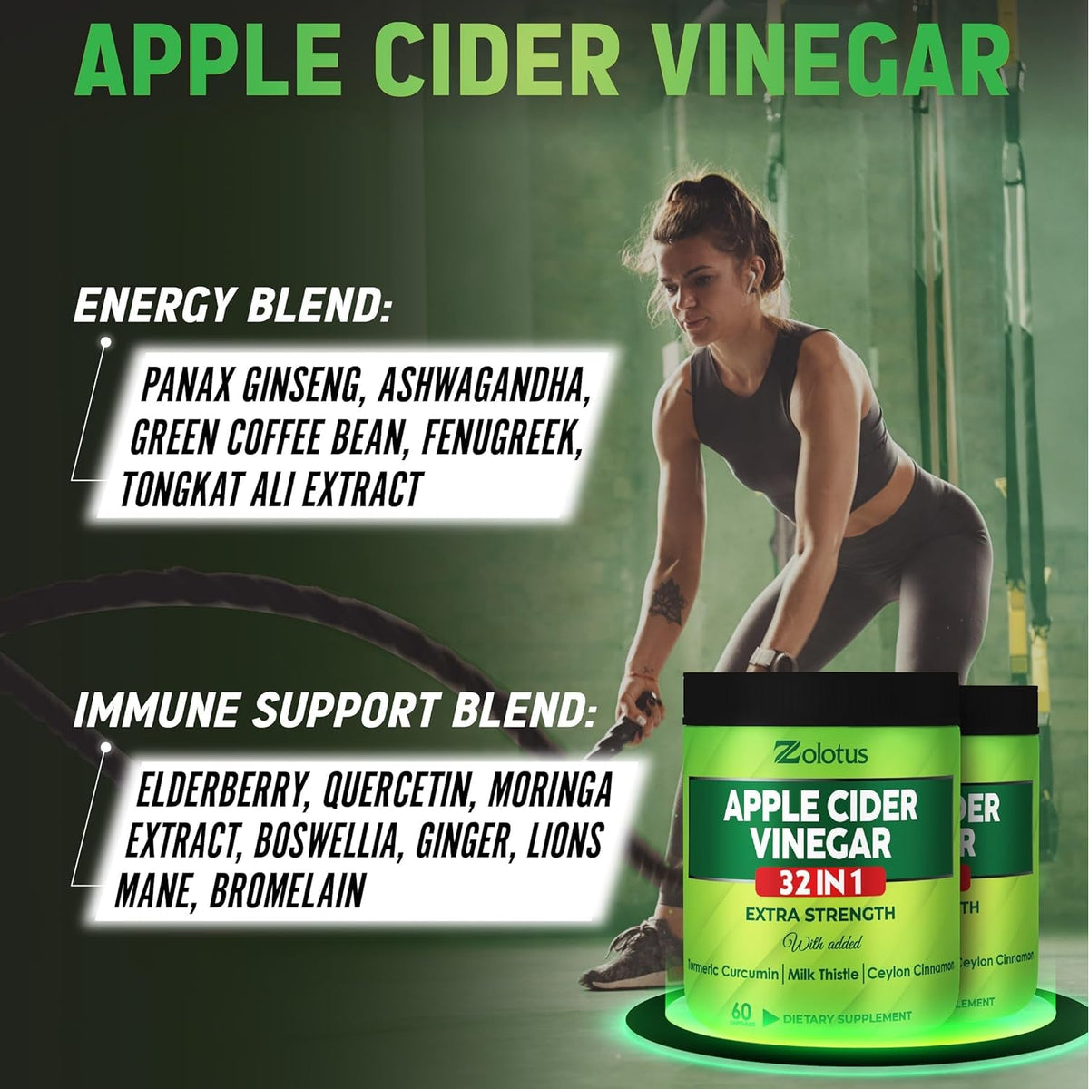Zolotus Apple Cider Vinegar Capsules 32In1, with Turmeric, Cinnamon, Milk Thistle, Berberine, Elderberry, Quercetin - (2 Packs) 60 Capsules