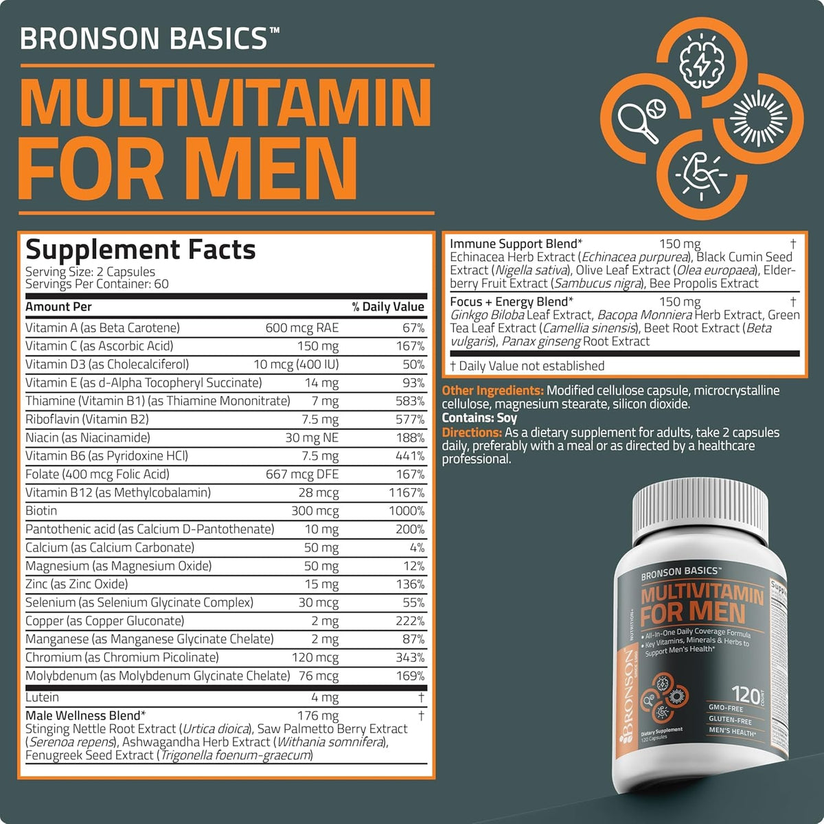 Bronson Multivitamin for Men All-In-One Daily Coverage Formula Key Vitamins, Minerals & Herbs to Support Men'S Health, 120 Capsules