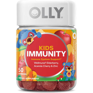 OLLY Kids Immunity Gummy, Immune Support, Wellmune, Elderberry, Vitamin C, Zinc, Chewable Supplement, Cherry - 50 Count