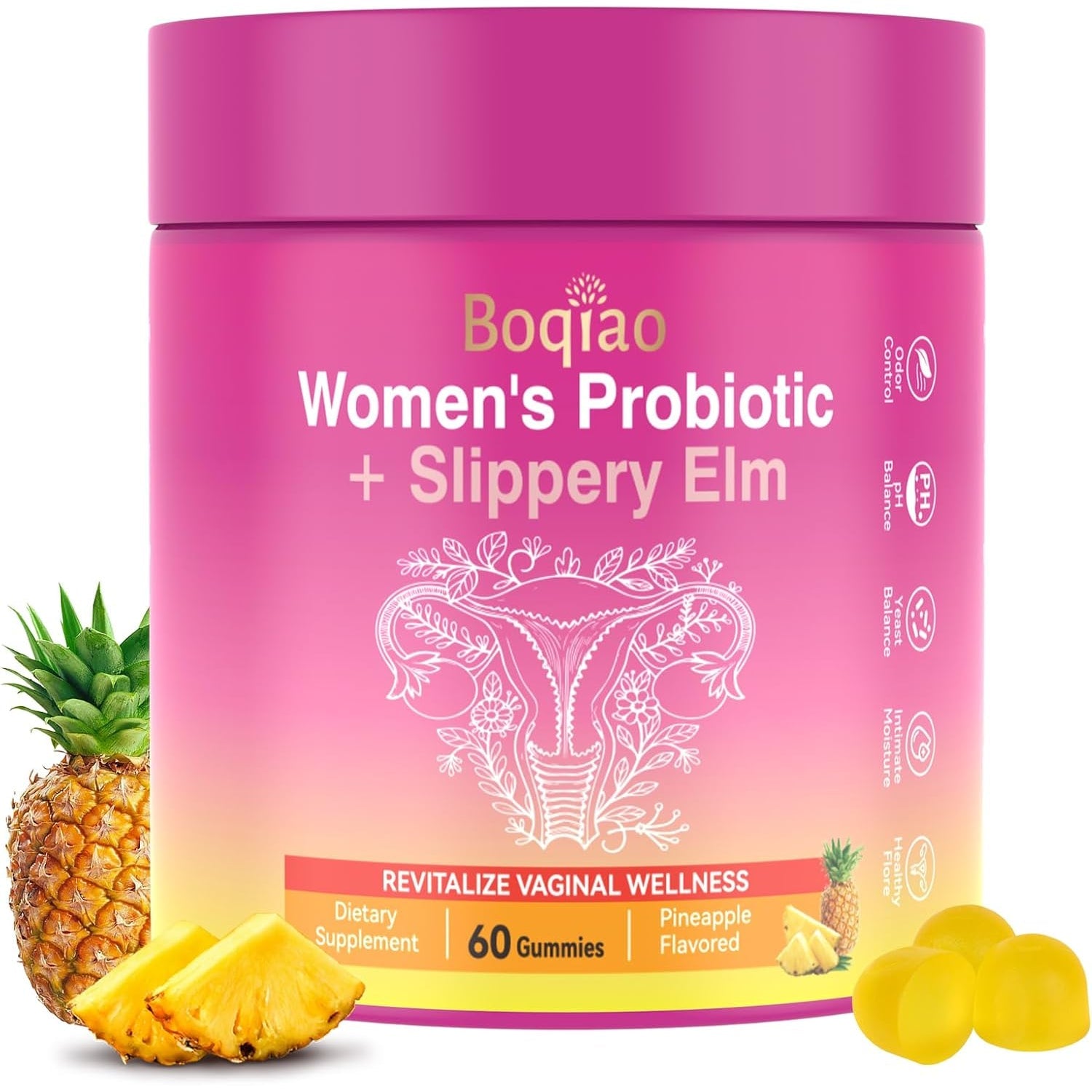 Feminine Probiotics Gummies with Slippery Elm - 60 Pineapple Gummies for Women Ph Balance, Vaginal Probiotics Supports Flora, Gut Health & Immune System, Prebiotics & Lactobacillus Blend (Pineapple)