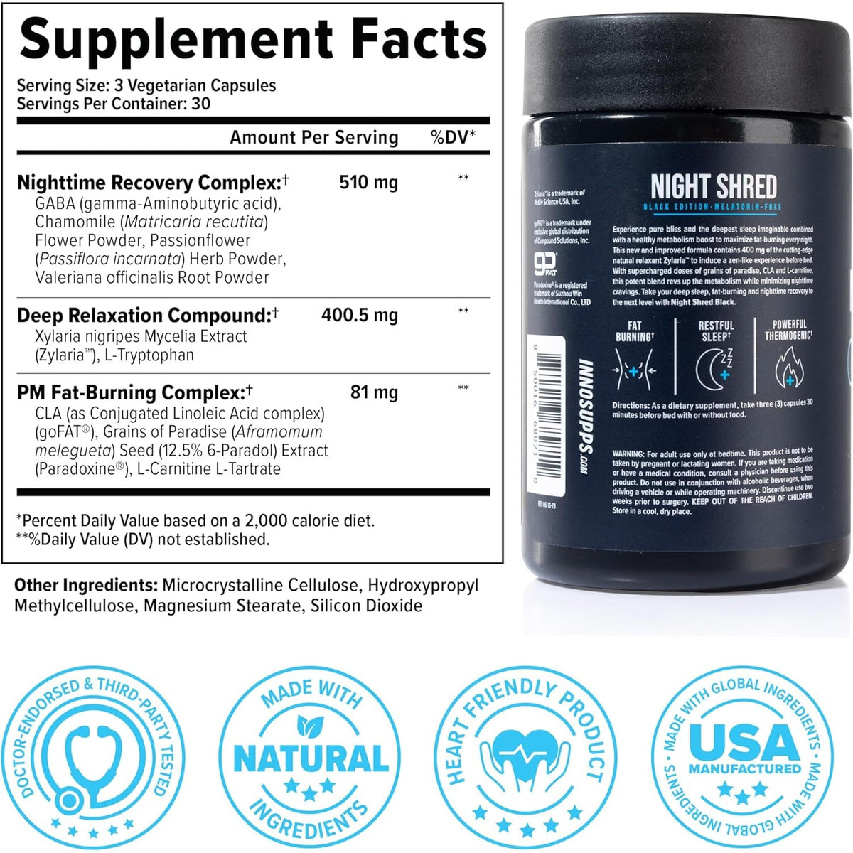 Night Shred Black Melatonin-Free - Night Time Fat Burner, Weight Loss, and Natural Sleep Support - GABA Complex with Ashwagandha, CLA, Grains of Paradise - Thermogenic Fat Burner - 90 Vegan Capsules