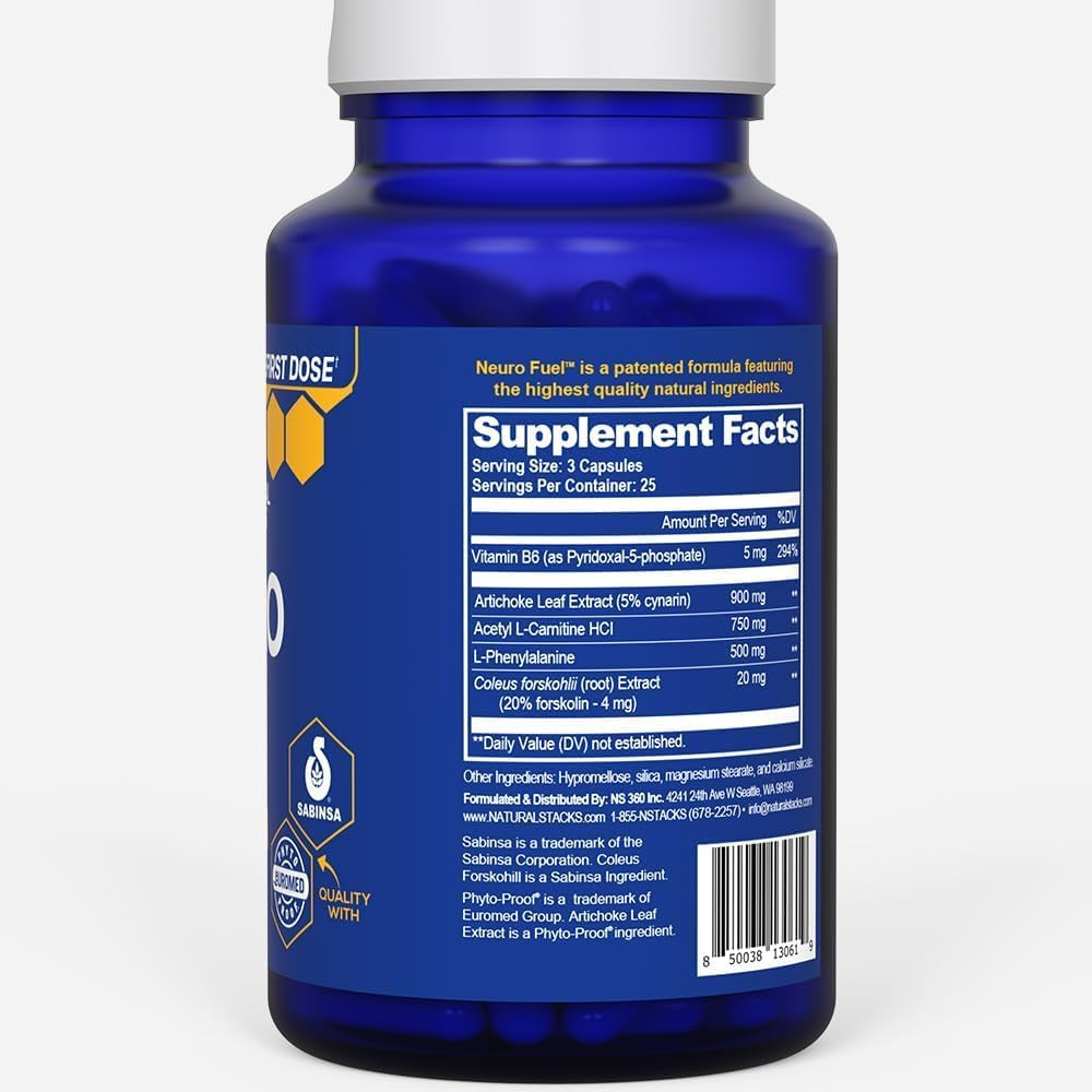 NATURAL STACKS Original Neurofuel Nootropic Brain Support Supplement - 750Mg L-Carnitine & 500Mg L-Phenylalanine - Brain Supplement for Memory and Focus* - 75 Focus Pills