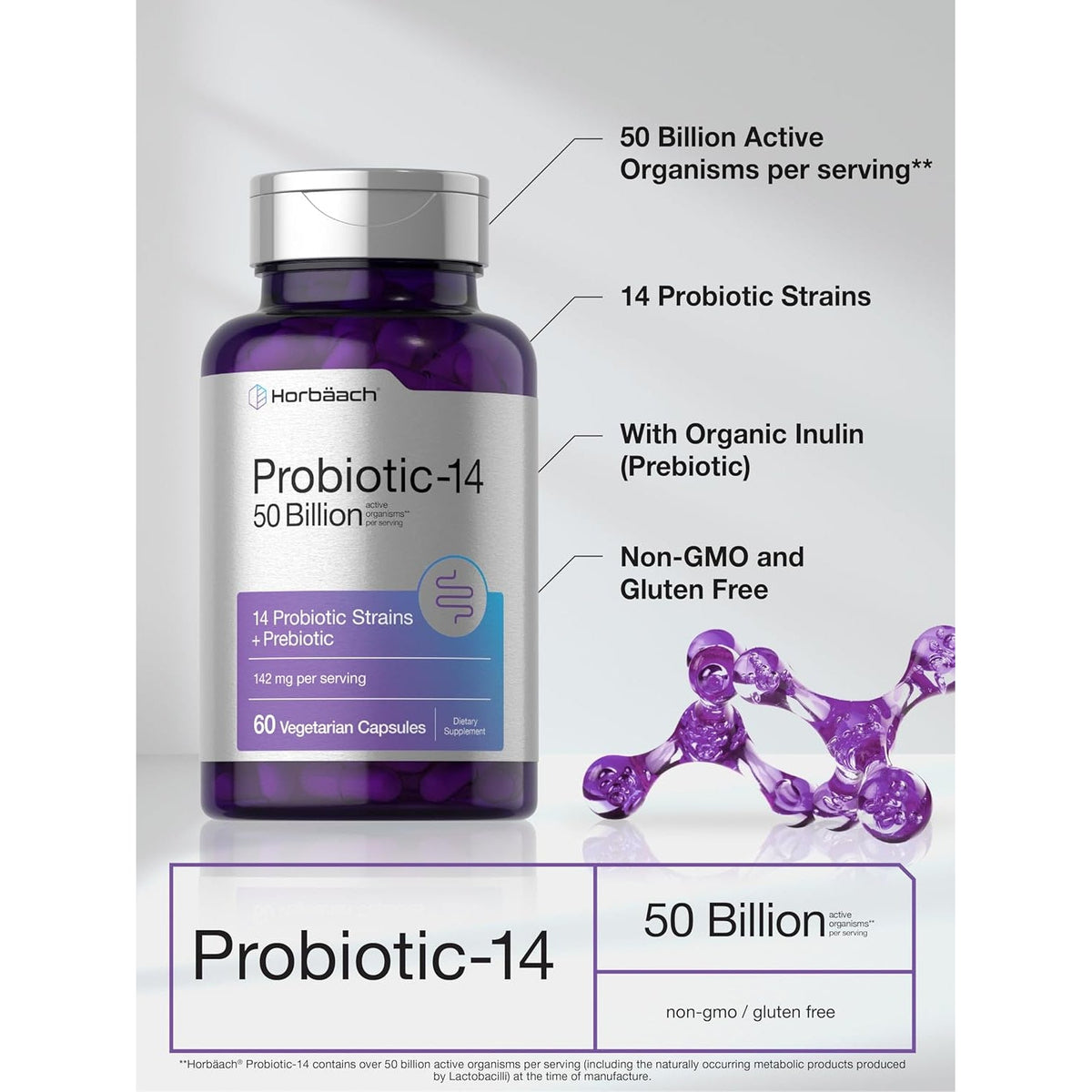 Horbaach Probiotics for Women and Men | 60 Capsules | 14 Probiotic Strains with Prebiotic | 50 Billion Active Organisms | Non-Gmo & Gluten Free Supplement