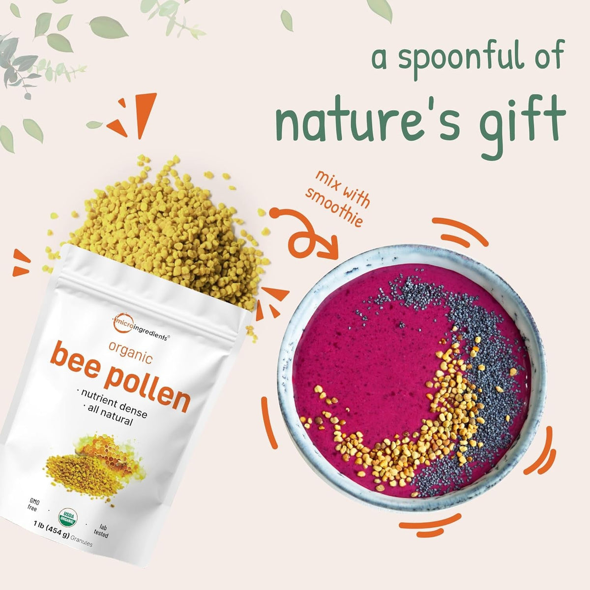 Micro Ingredients Organic Bee Pollen Granules, 1 Lb | Fresh Harvest, Raw & Natural Superfood | Rich in B Vitamins, Minerals, Protein & Antioxidants | Keto, Non-Gmo