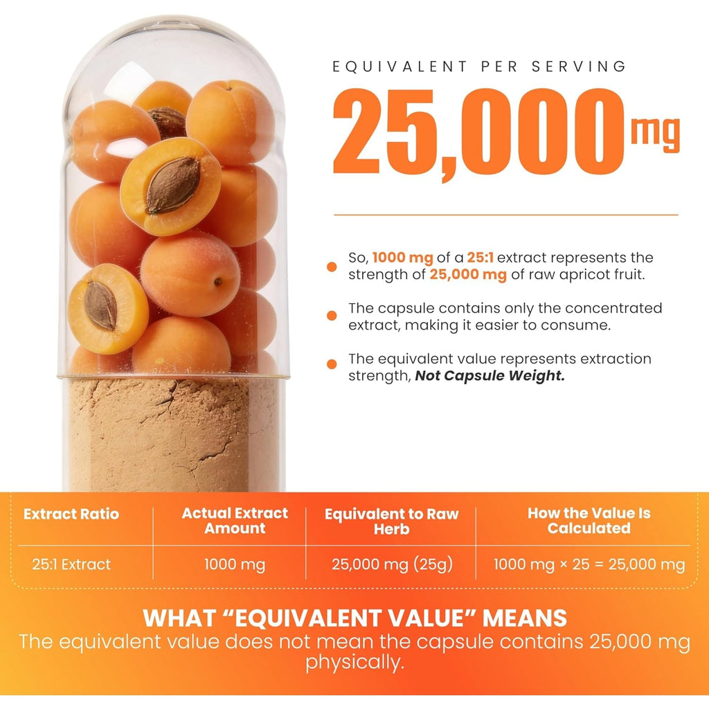 Apricot Extract 25:1, 500 Mg per Capsule 1000 Mg per Servings Immune Support Herbal Supplements (Pack of 1) (120 Capsules)