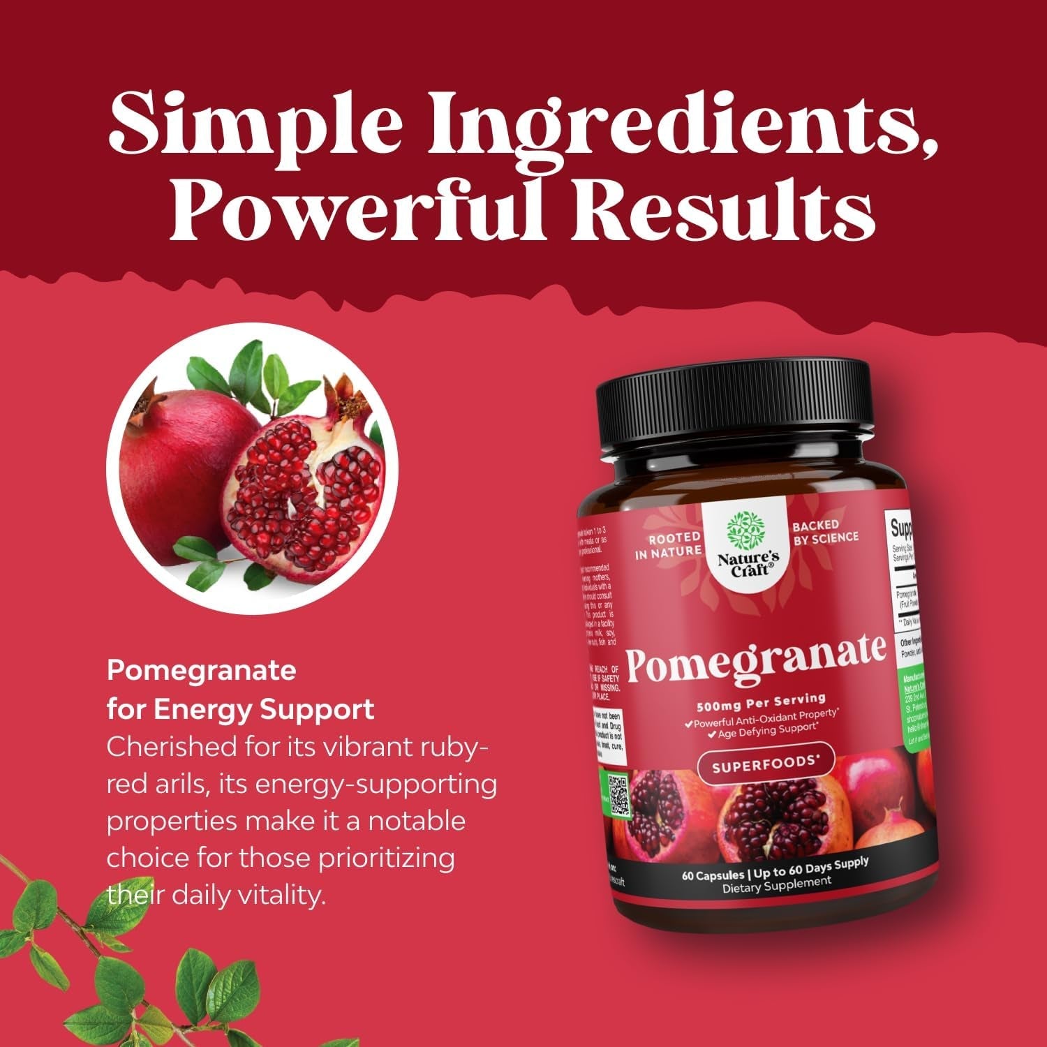 Advanced Pomegranate Extract Capsules - Powerful Antioxidant & Healthy Heart Support - Easy to Swallow Pomegranate Supplement - Superfood for Energy & Gut Health Support - Third Party Tested - 60 Ct
