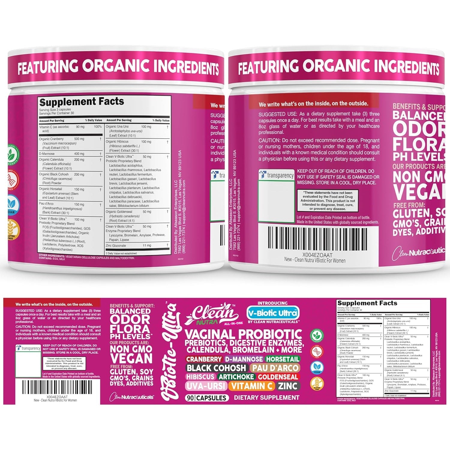 Clean Nutra Vaginal Probiotics for Women + Prebiotics Digestive Enzymes Bromelain Cranberry D Mannose Horsetail Black Cohosh Artichoke Hibiscus Flowers Probiotic for Digestive Health 90 Vegan Capsules