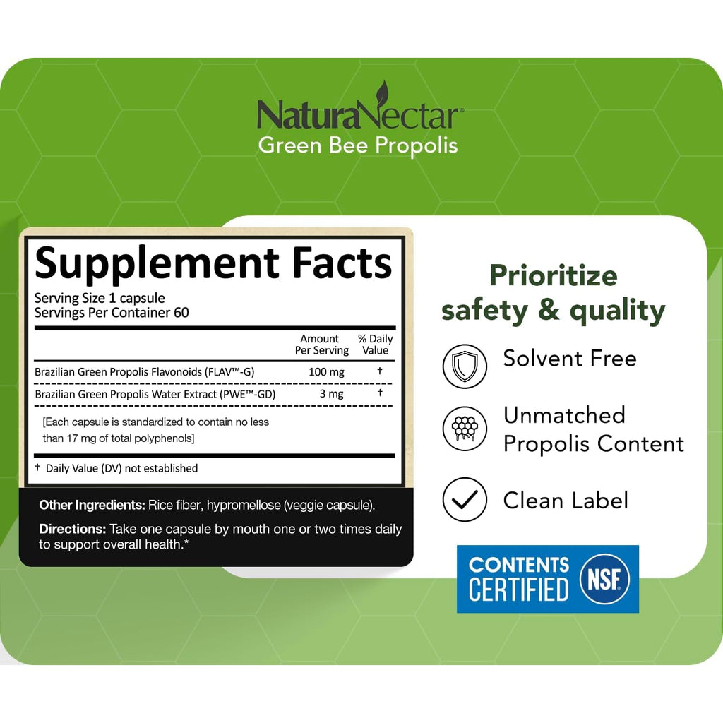 Naturanectar - Green Bee Propolis Capsules - NSF Contents Certified Brazilian Green Propolis - Gluten-Free Propolis Supplements with Flavonoids - Naturally Sourced through Ethical Beekeeping (60Pcs.)