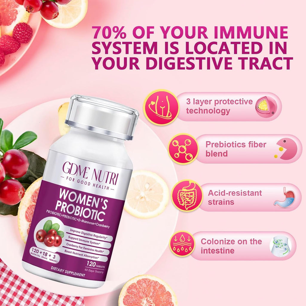 Women'S Probiotics, 120 Tablets 120 Billion CFU 18 Strains, Contains Organic Prebiotic Cranberry, Probiotic Supplement for Digestion, Immunity, Women'S Health, Soy Gluten Dairy Free