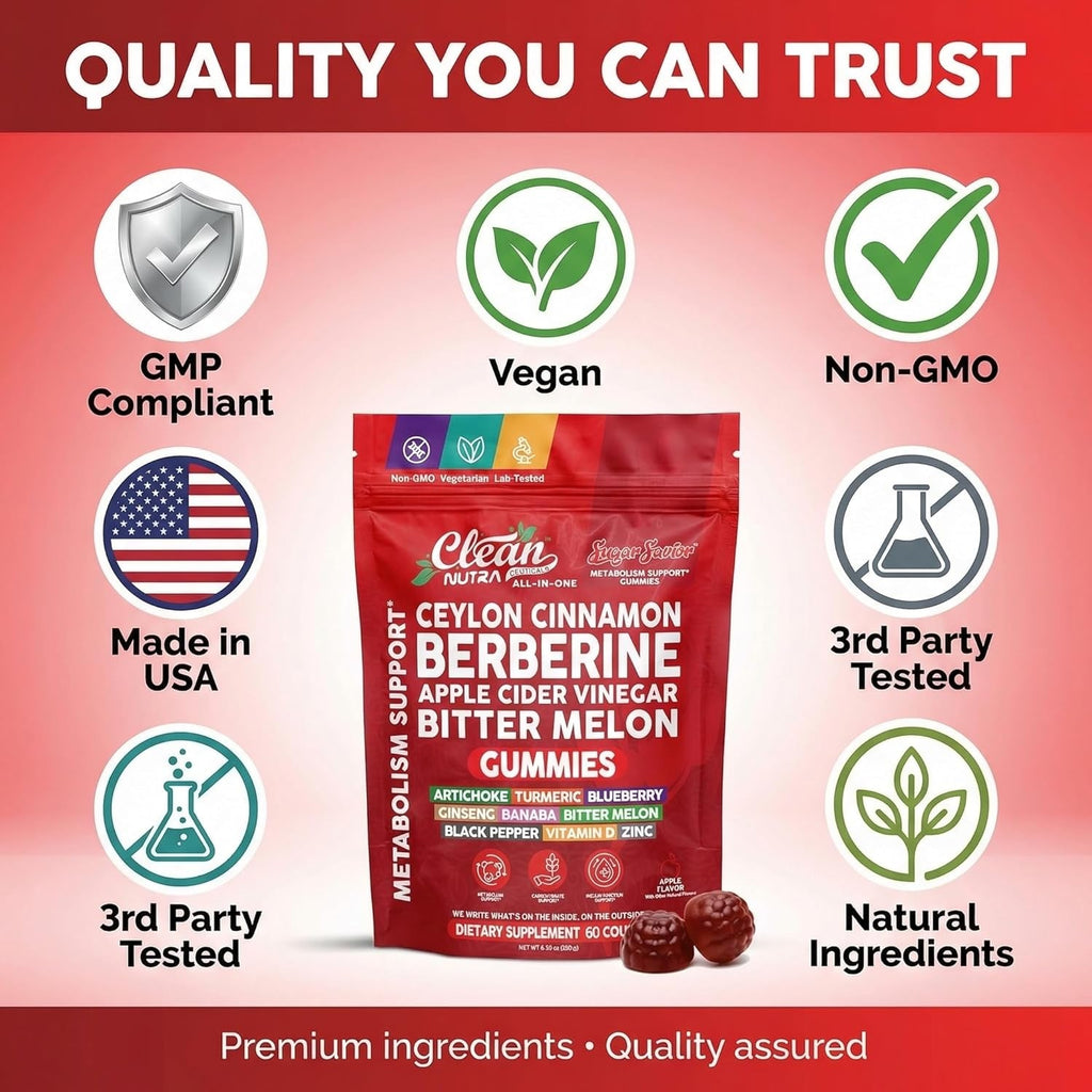 Sugar Savior Ceylon Cinnamon Berberine Gummies Apple Cider Vinegar Artichoke Turmeric Blueberry Ginseng Banaba Bitter Melon Black Pepper Vitamin D Zinc GLP1 Gummies 60 Count by Clean Nutra