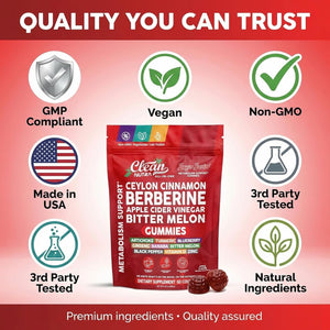 Sugar Savior Ceylon Cinnamon Berberine Gummies Apple Cider Vinegar Artichoke Turmeric Blueberry Ginseng Banaba Bitter Melon Black Pepper Vitamin D Zinc GLP1 Gummies 60 Count by Clean Nutra