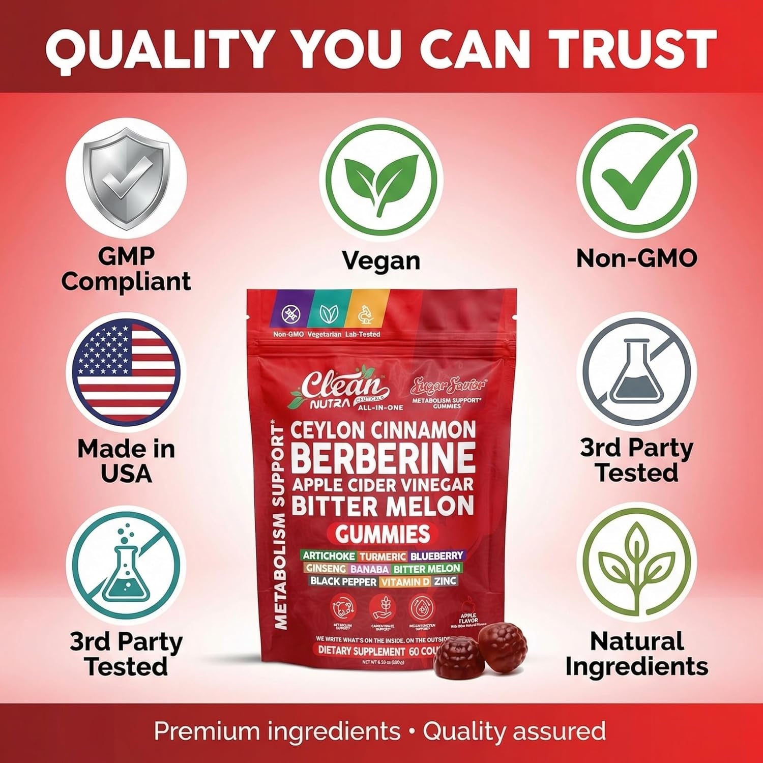 Sugar Savior Ceylon Cinnamon Berberine Gummies Apple Cider Vinegar Artichoke Turmeric Blueberry Ginseng Banaba Bitter Melon Black Pepper Vitamin D Zinc GLP1 Gummies 60 Count by Clean Nutra