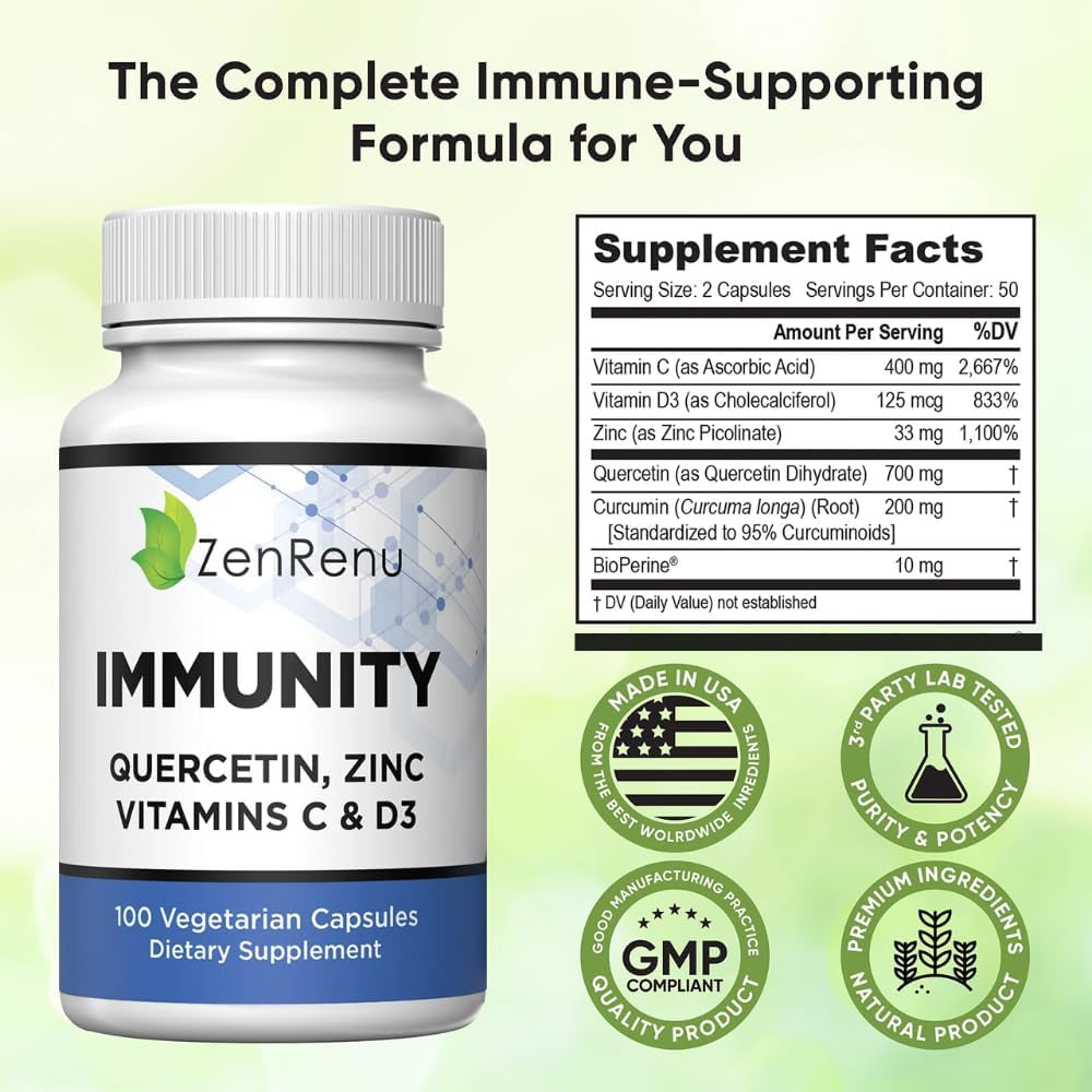 Immunity Quercetin 700 Mg Zinc Vitamin C Vitamin D Immune Support Supplement with Curcumin - Easy to Absorb Immunity Supplement, 100 Vegetarian Capsules 50 Day Supply