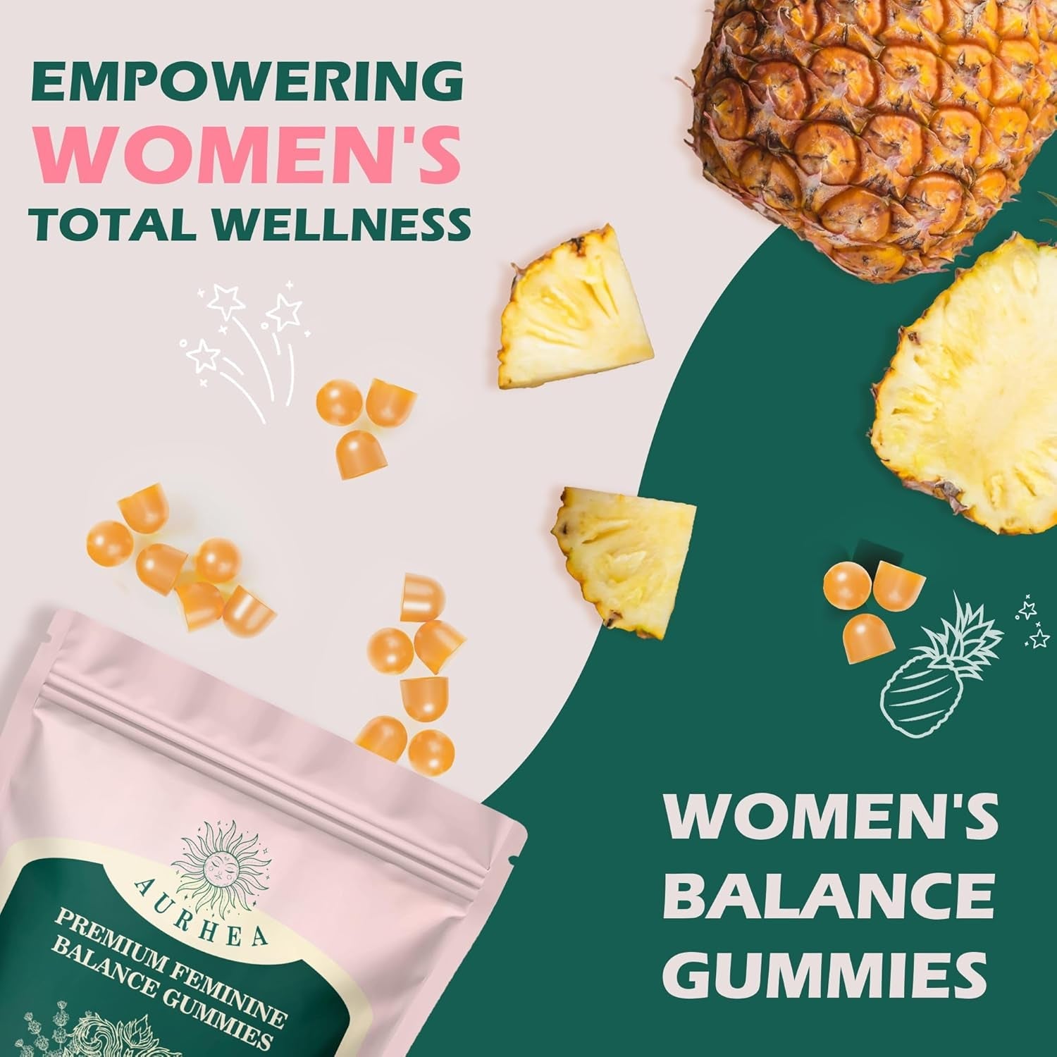 Premium Feminine Balance Gummies for Women - Ph Balance & Wellness Support with Hawaiian Pineapple, Vegan Gluten-Free Supplement - 60 Count