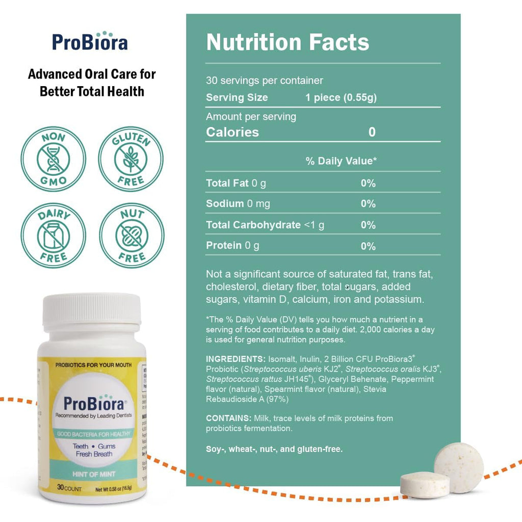 Probiora Oral Probiotics for Teeth and Gums | Dental Probiotics for Improved Oral Health | Bad Breath Treatment for Adults | Probiora3 Patented Probiotic Blend | Tooth Whitening | 30 Mint Tablets