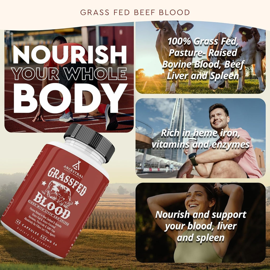 Ancestral Supplements Grass Fed Blood Is Blood, Liver & Spleen Formula, 500Mg, Grass Fed Beef Supplement, Red & White Blood Cell Formation, Immune and Heart Health Support, Non GMO, 180 Capsules