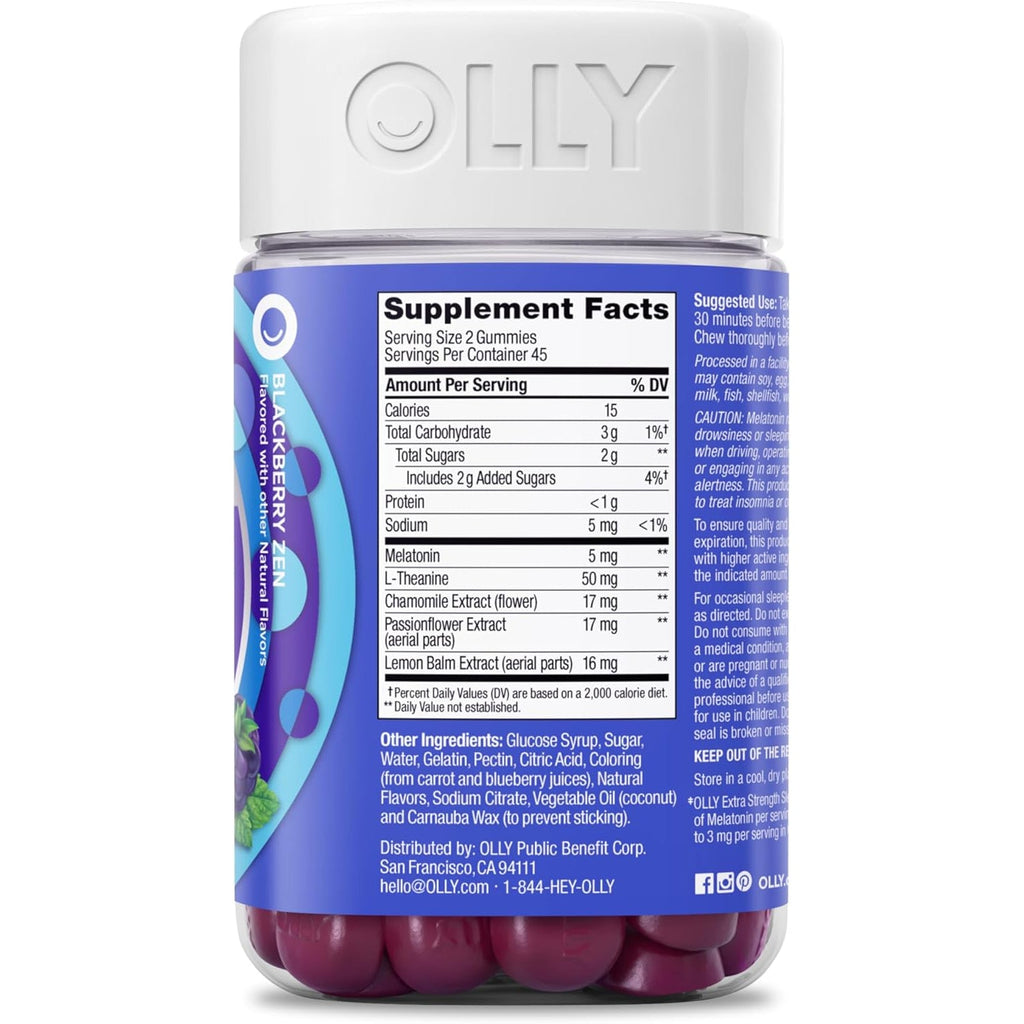 OLLY Extra Strength Sleep Gummy 5 Mg Melatonin, L-Theanine, Chamomile, Lemon Balm Extracts, Sleep Aid, Blackberry Flavor - 90 Count