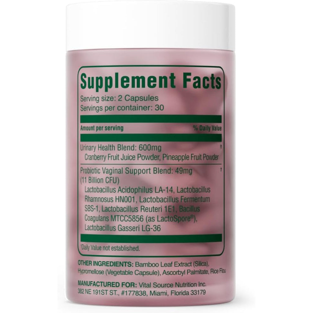 Vital Source Nutrition - Feminine Balance Capsules - Vaginal Wellness & Ph Support - with Lactospore, Cranberry + Pineapple Fruit Powder -Supports Urinary Wellness & Healthy Flora -30 Servings