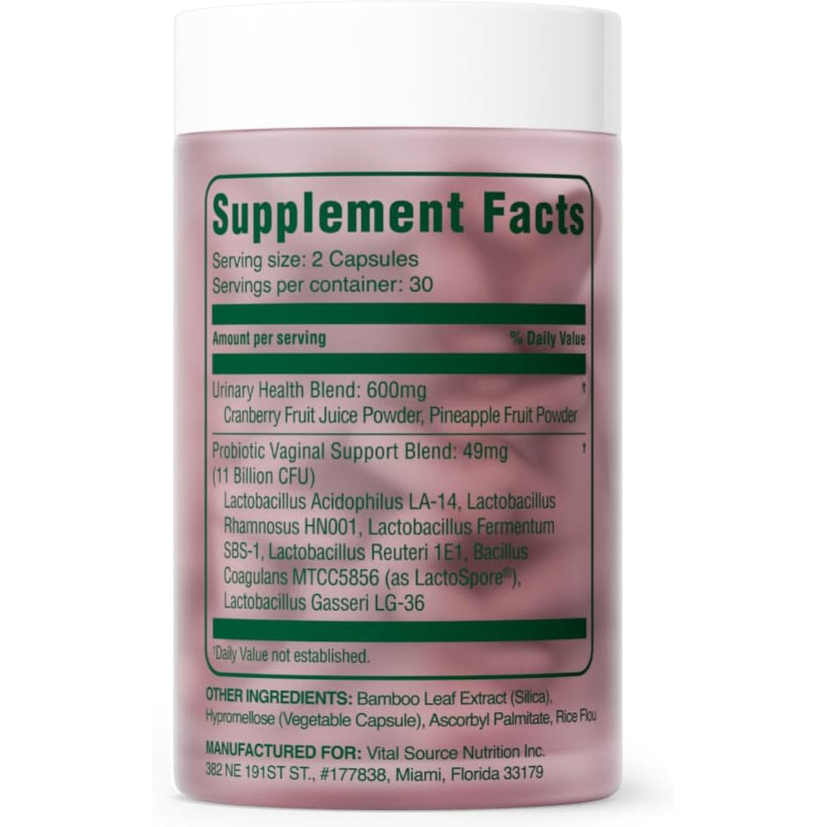 Vital Source Nutrition - Feminine Balance Capsules - Vaginal Wellness & Ph Support - with Lactospore, Cranberry + Pineapple Fruit Powder -Supports Urinary Wellness & Healthy Flora -30 Servings
