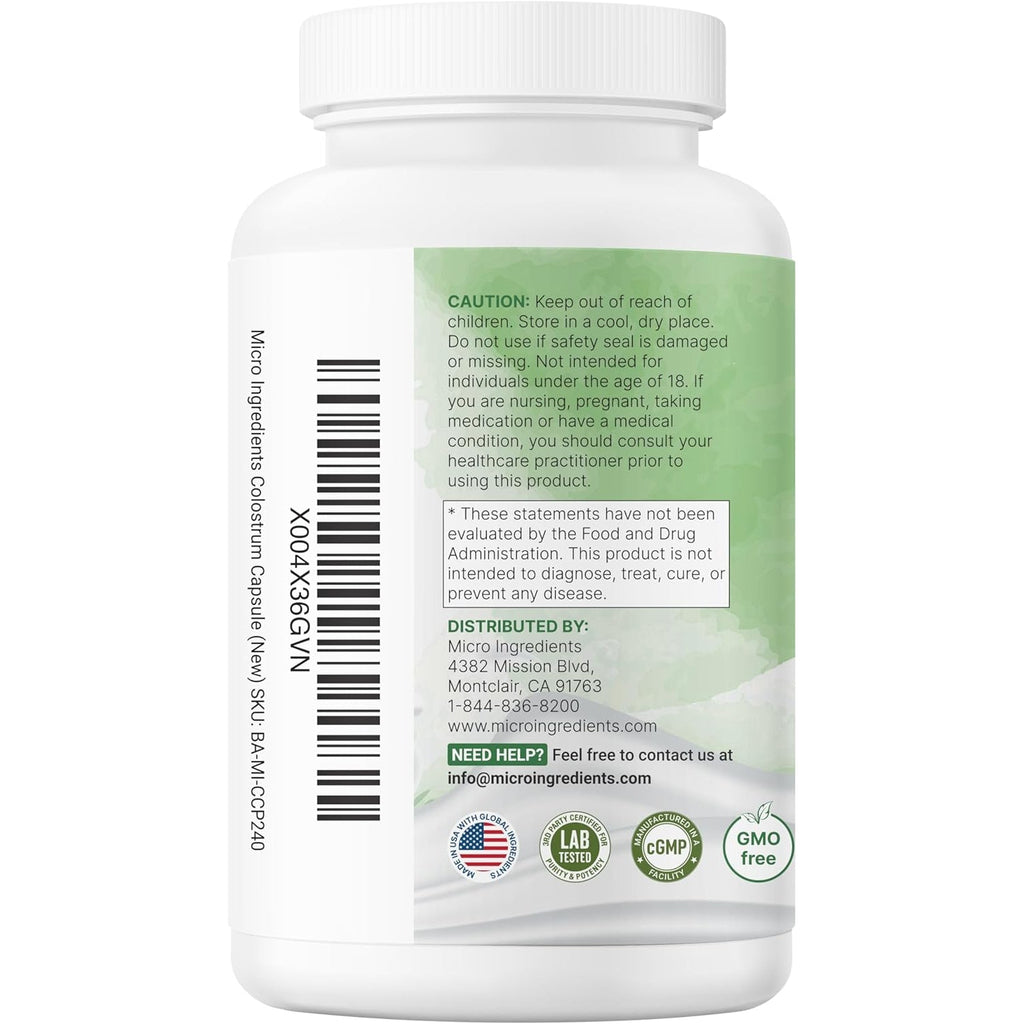 Micro Ingredients Bovine Colostrum 1,000 Mg per Serving, 240 Capsules | 40% Igg with Collagen & Probiotics | Colostrum Supplement with 10 Probiotic Strains | Non-Gmo, Gluten Free