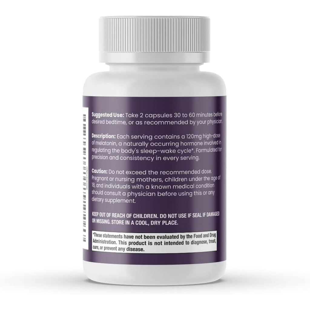 120 Mg High Dosage Melatonin Supplement - Extra Strength High Potency Sleep Support, Vegan Non-Gmo, Made in USA, Easy-To-Swallow Capsules 60 Count (30 Servings)