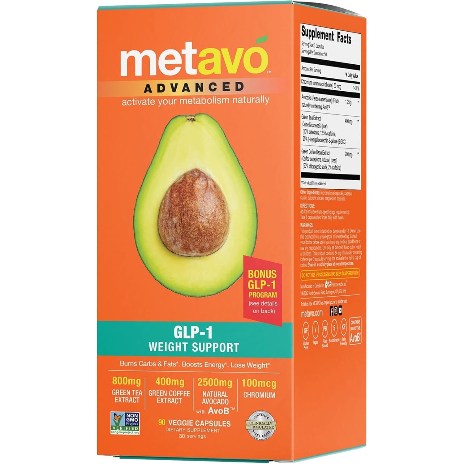 Metavo Advanced Weight Support Natural Diet Supplements with Essential Nutrients for Promoting Wellness, Enriched with Avocados, Green Tea, Chromium & Green Coffee, 90 Easy-To-Swallow Capsules