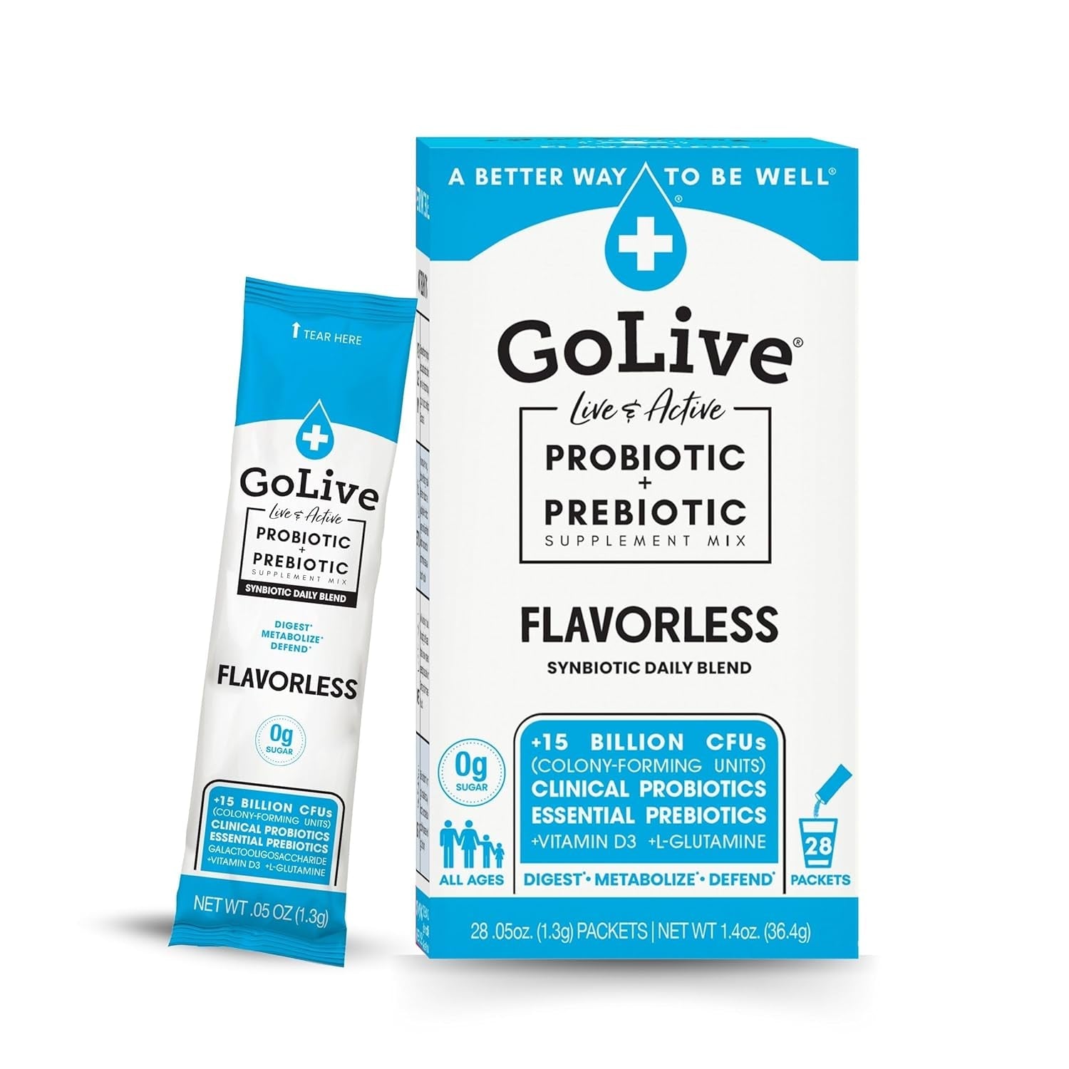 Golive Prebiotic & Probiotic for Women, Men, Kids. Flavor-Free, Sugar-Free, Synbiotic Powder W/ GOS, L-Glutamine, Vitamin D3, Electrolytes. for Gut Health, Digestion, Metabolism, Immunity 15-50B Cfus.