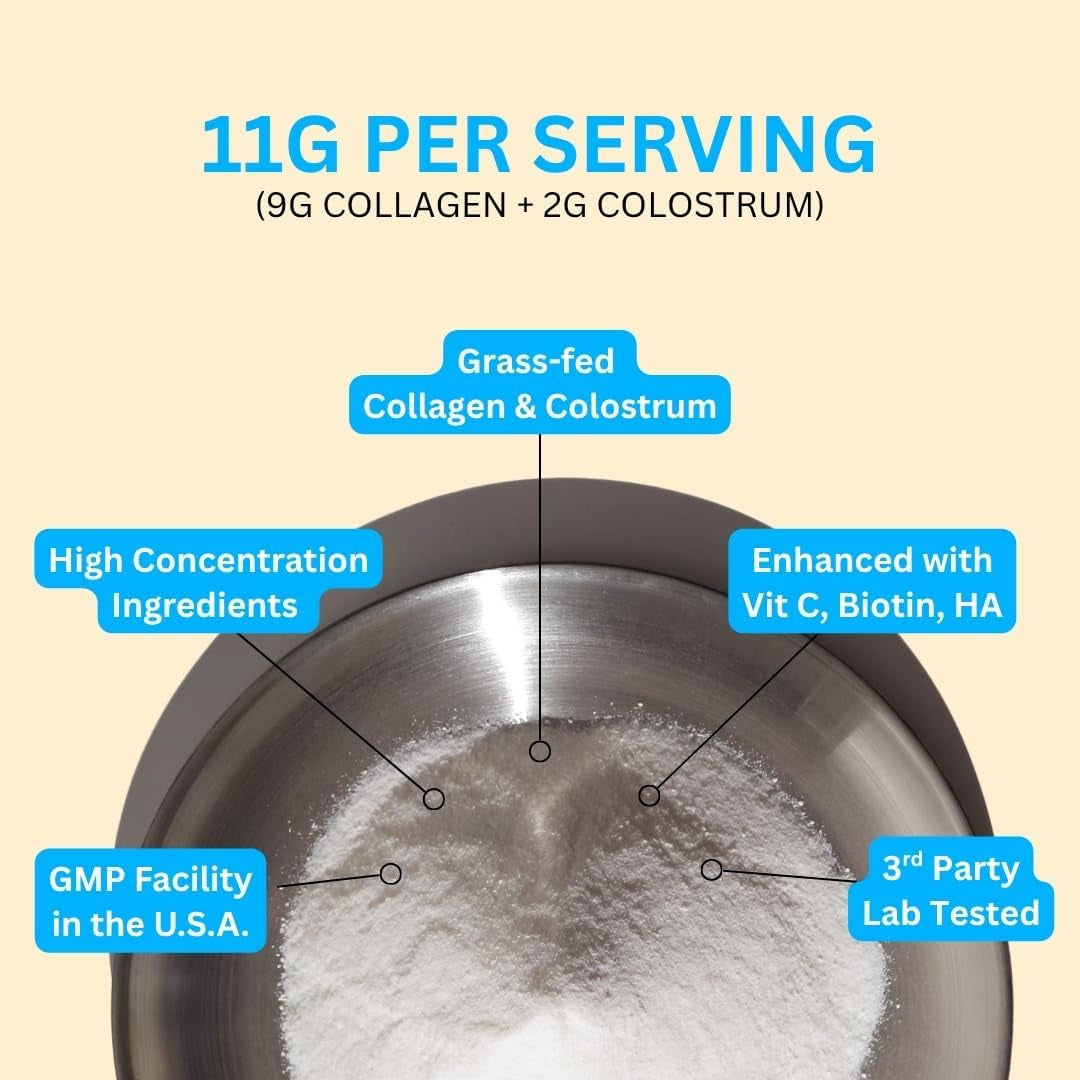 Colostrum & Collagen Peptides Powder with Biotin, Hyaluronic Acid & Vitamin C | Gut Health & Bloating, Immune Support, Hair, Skin & Nails Supplement | Unflavored | 30 Servings