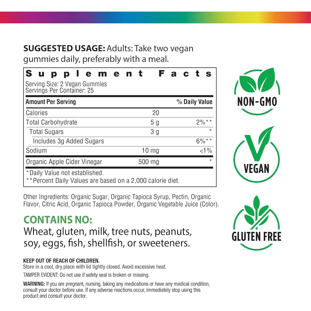 Rainbow Light Apple Cider Vinegar Gummies 500 Mg | 50 Count | Delicious Apple Flavor | with No Vinegar Aftertaste | USDA Organic | Vegan, Non-Gmo, Gluten Free