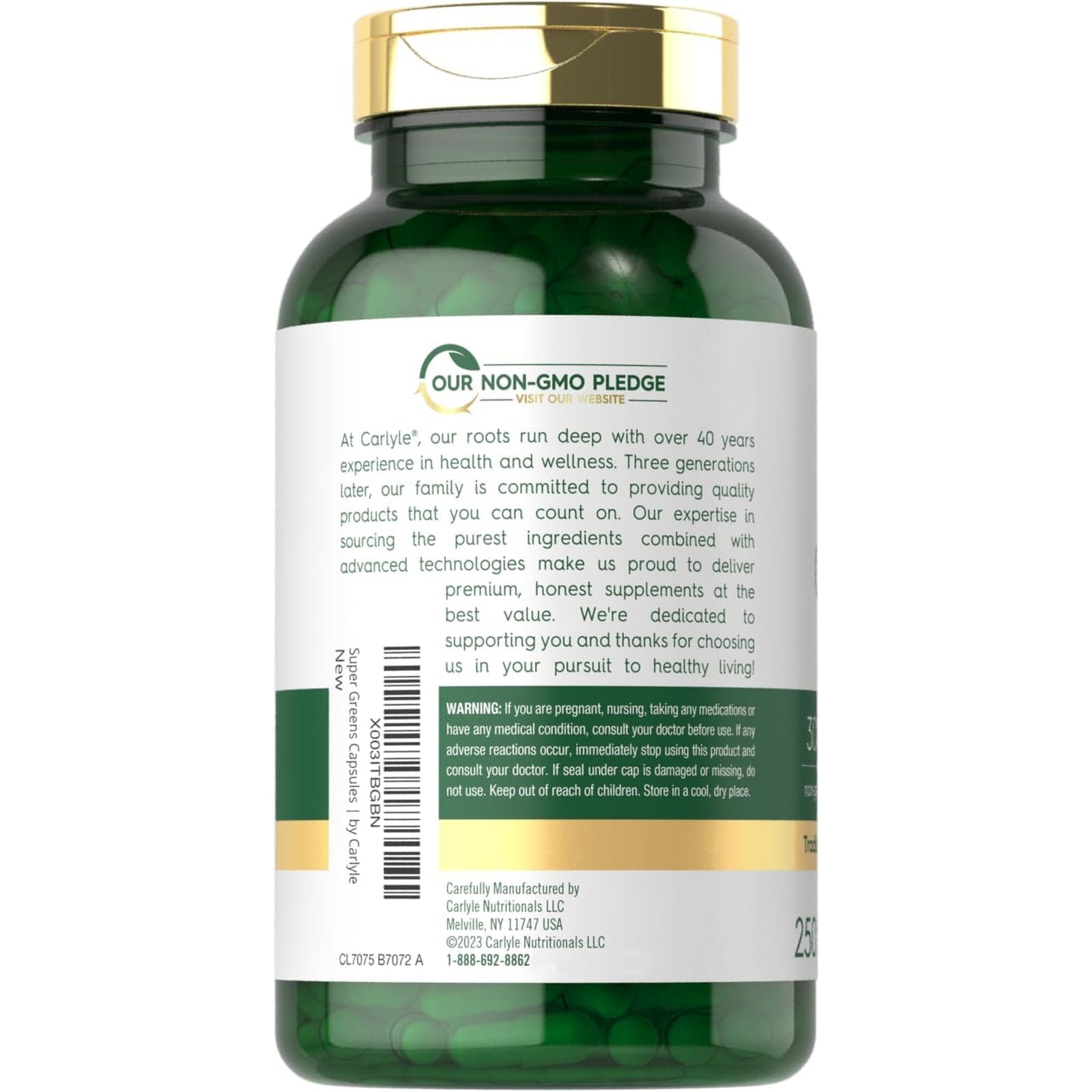 Carlyle Super Greens Capsules | 250 Count | Blend of 13 Vegetables and Greens plus 17 Fruits | Non-Gmo & Gluten Free Supplement