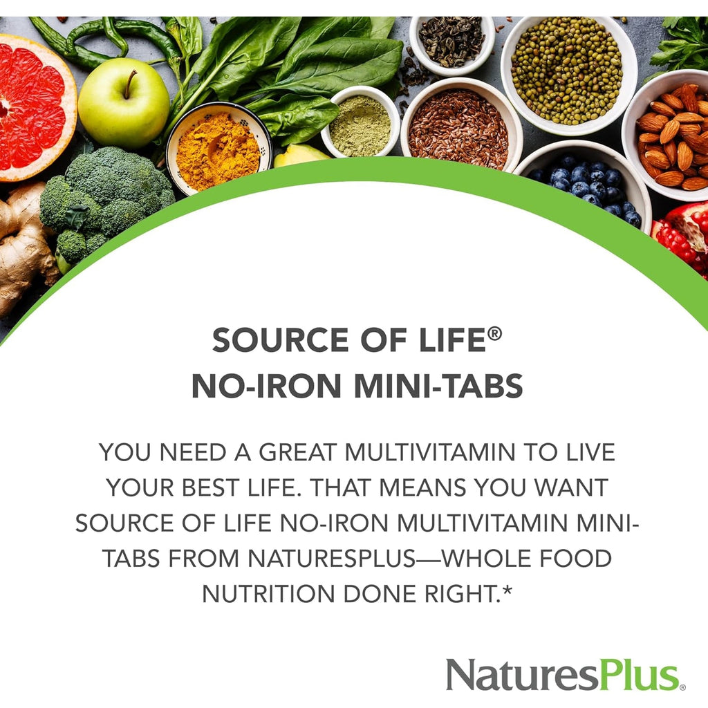 Naturesplus Source of Life No Iron - 180 Mini-Tabs - Multivitamin & Mineral Supplement - Supports Natural Energy & Overall Well-Being - Gluten Free, Vegetarian - 30 Servings