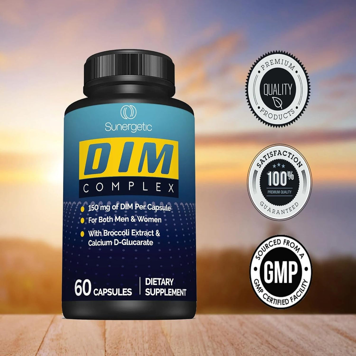 Sunergetic Premium DIM Supplement – 150Mg Diindolylmethane, Broccoli, Calcium D-Glucarate & Bioperine for Men & Women – DIM Complex for Menopause Support & Balance - 60 Capsules