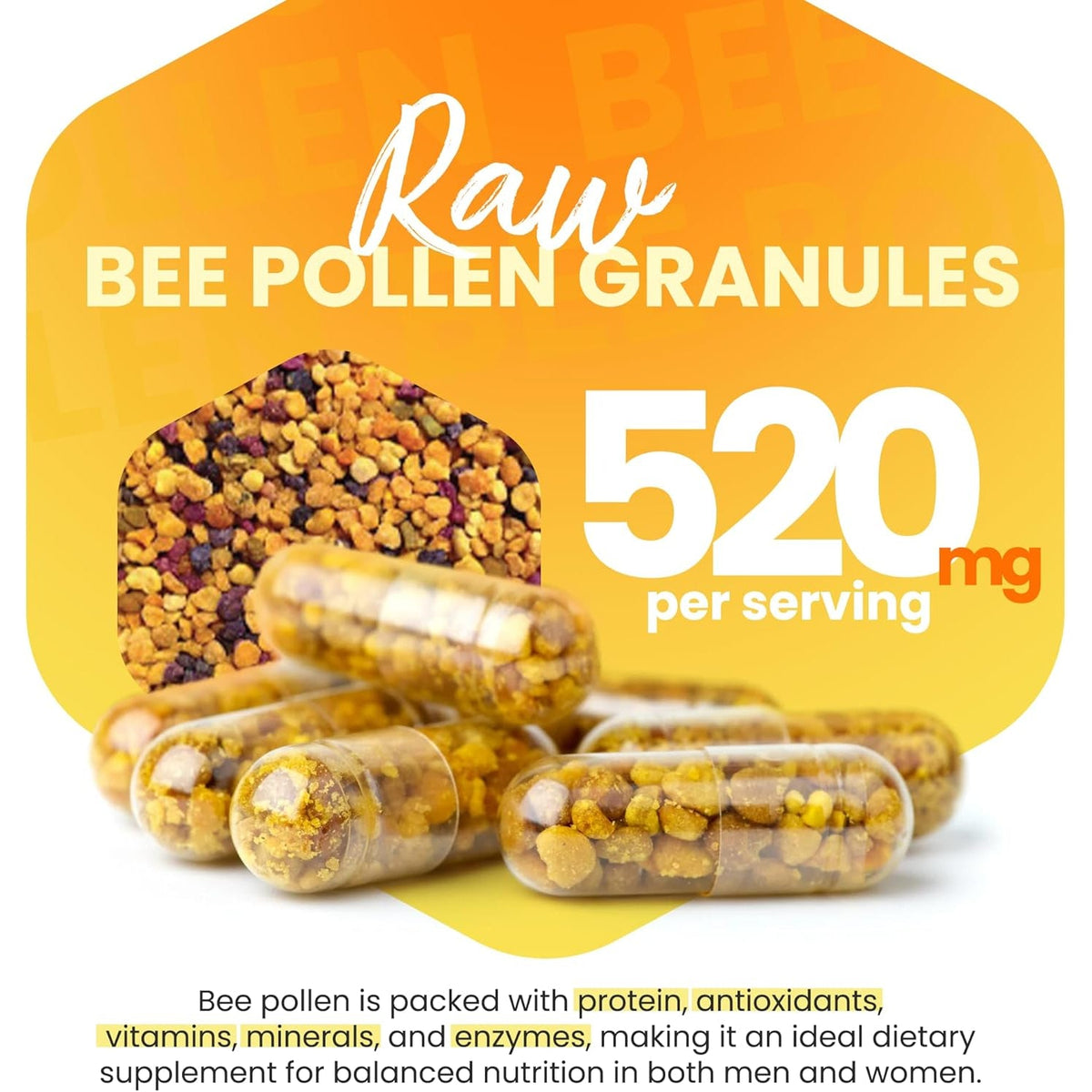 HONEYBEEZONE–100% Raw Bee Pollen Granules in 60 Veggie Capsules – High in Essential B-Complex for Metabolism & Energy - Gluten Free & Non-Gmo - Protein & Antioxidants – Immune Support & Vitality