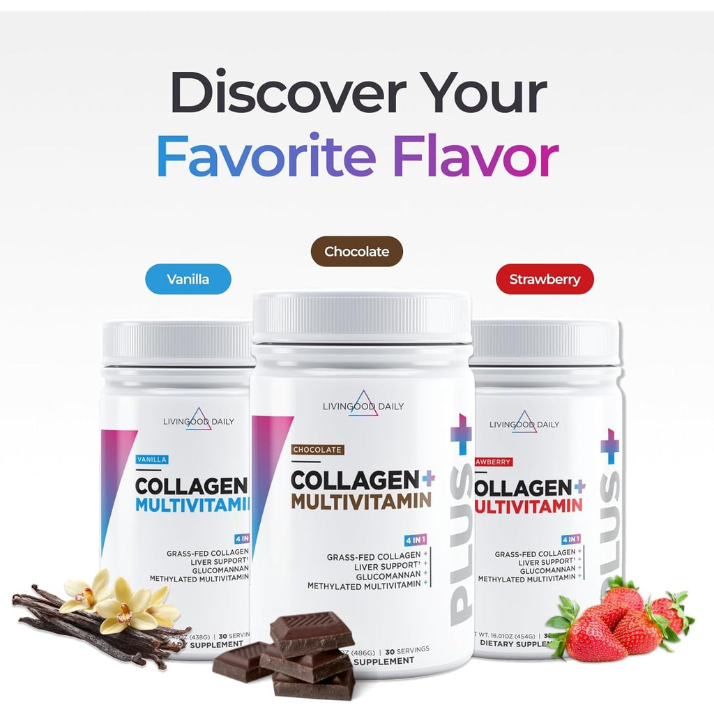 Livingood Daily Collagen Powder for Women and Men, Vanilla, Grass Fed Protein, Hydrolyzed Collagen Peptides with Vitamin C & Multi Vitamins for Hair, Skin, Nail & Gut Health, Gluten Free, 30 Servings