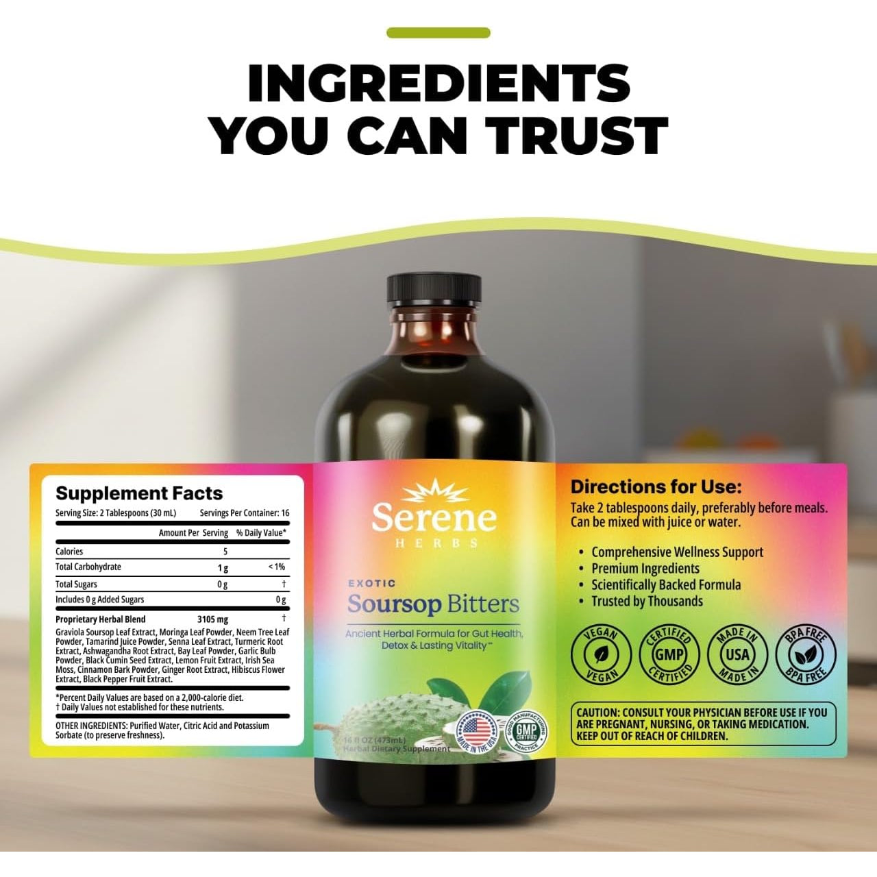 Serene Herbs Soursop Bitters Liquid with Soursop Leaves for Gut Cleanse, Detox & Immune Boost with Black Seed, Moringa, Irish Moss, Ashwaganda, Turmeric, 16 Fl Oz (16 Fl, Soursop)