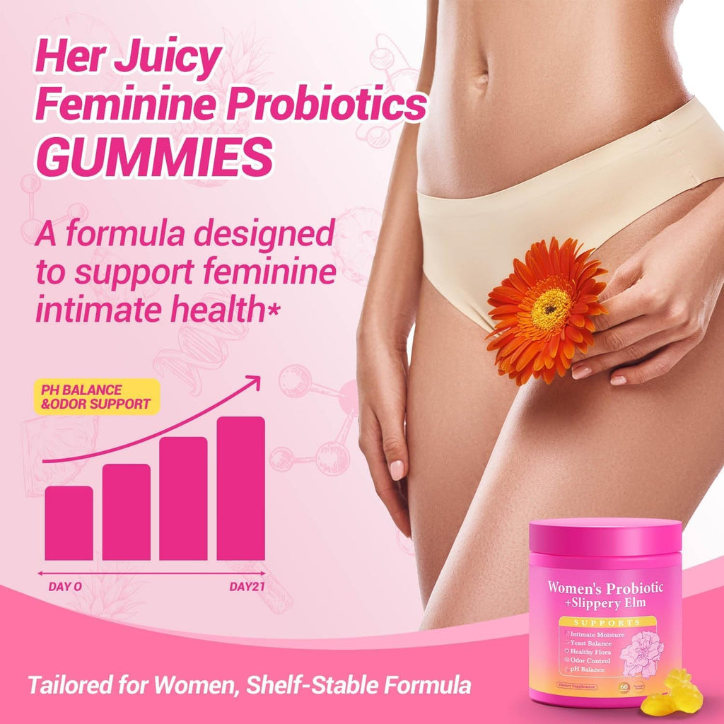Her Juicy Feminine Probiotics Gummies, Premium Feminine Balance Gummies with Slippery Elm for Women'S Ph Balance, Healthy Odor, Flora and Immune Support – 30-Day Supply