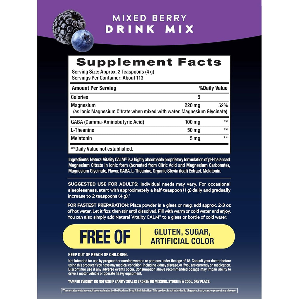 Natural Vitality Calm Sleep Melatonin and Magnesium 16Oz Powder | with L-Theanine and GABA | Mixed Berry Flavred Drink Mix | Non-Gmo & Vegan Supplement