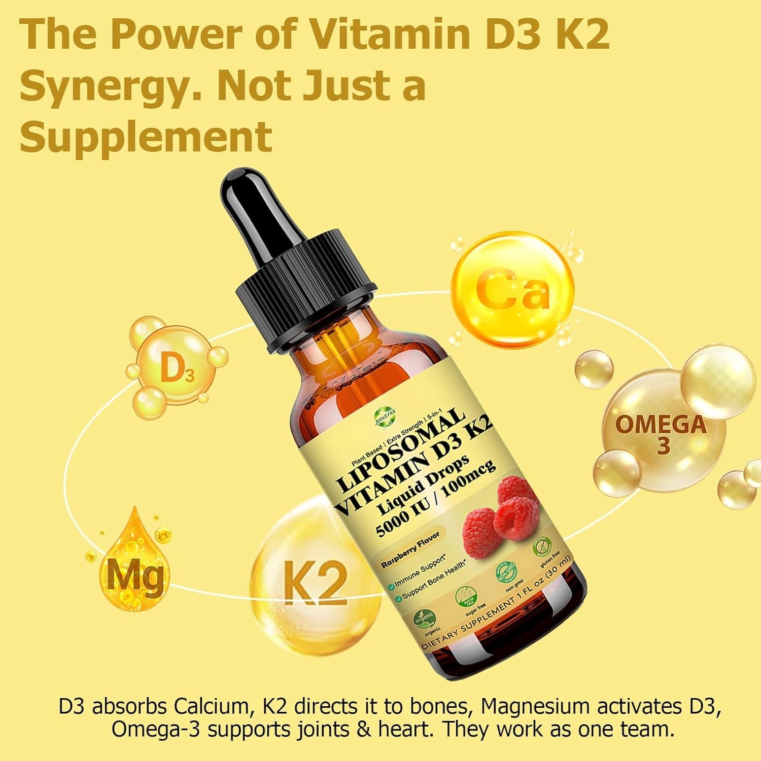 Liquid Vitamin D3 K2 Drops with Calcium Magnesium Omega3, High Potency 5-In-1 D3 K2 Vitamin 5000 IU Supplement for Bone Health, Heart Teeth & Immue, Ultra High Absorption Liposomal D3K2 Plant-Based