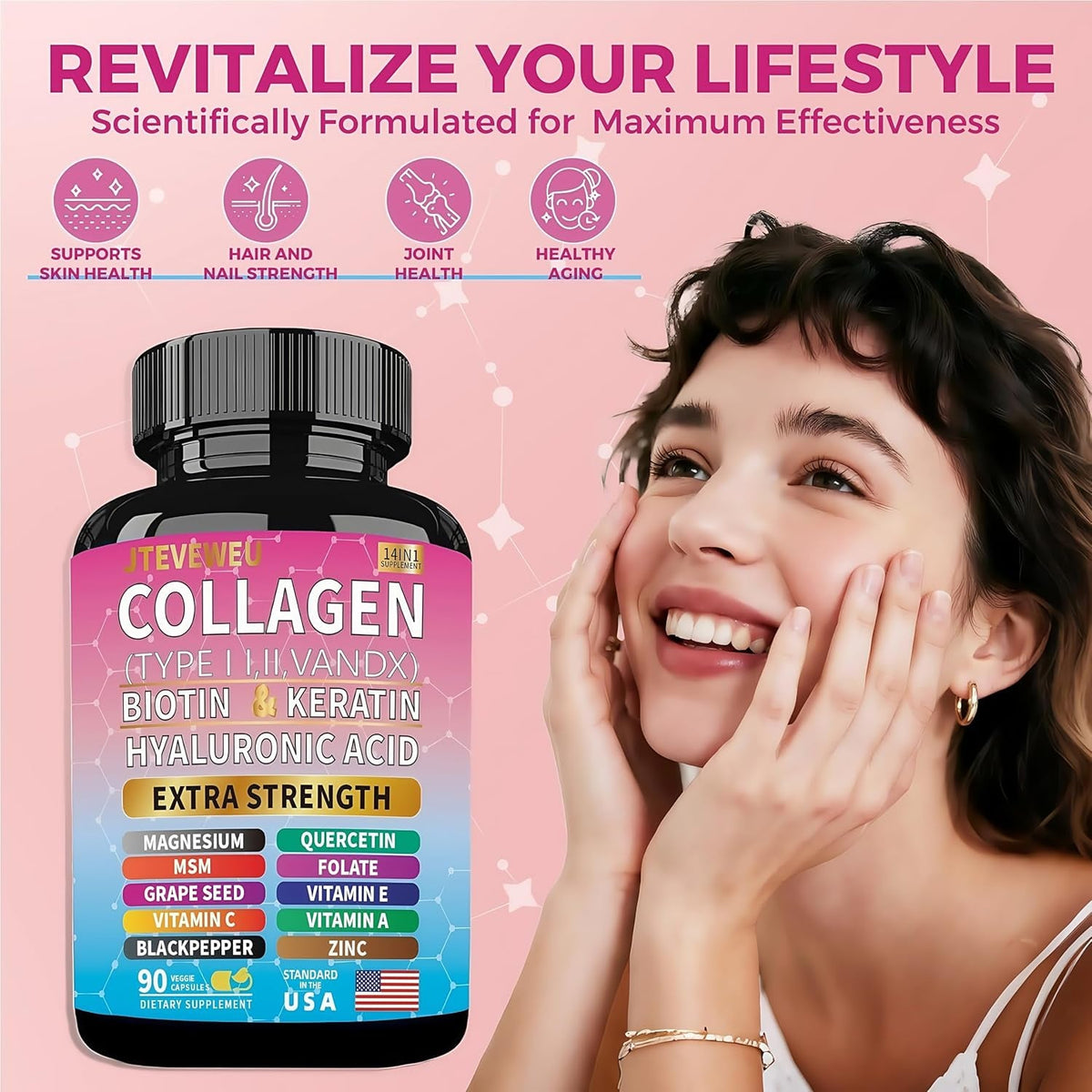 Collagen Supplement - Types I, II, III, V & X, MCG Biotin, Keratin, Hyaluronic Acid, Zinc, Grape Seed Extract, Quercetin, Vitamin A, Vitamin C, Vitamin E, Magnesium, Folic Acid（90 Capsules）