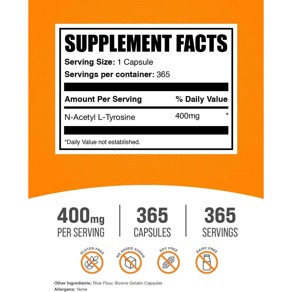 Bulksupplements.Com N-Acetyl L-Tyrosine Capsules - Tyrosine Supplement, NALT Capsules, Amino Acid Supplement - Gluten Free, 1 Capsule per Serving, 365 Count (Pack of 1)