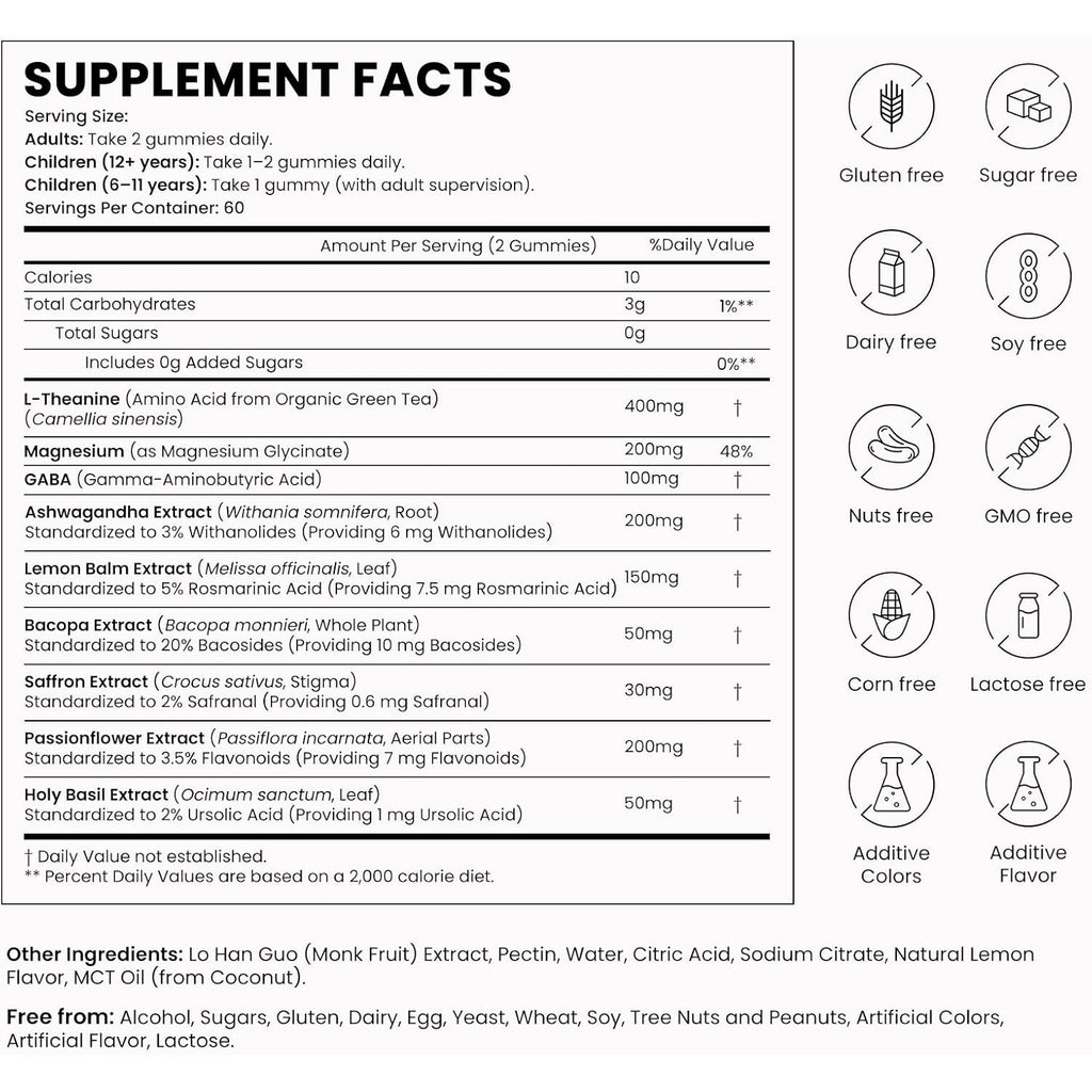 L-Theanine 400Mg Gummies, L Theanine Supplement for Kids & Adults with Magnesium Glycinate, GABA, Ashwagandha, L'Theanine Chewable for Restful Sleep, Stress Support, Relaxation, Calm, 60 Day Supply